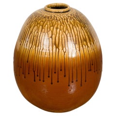 Round Brown and Yellow Ceramic Vase with Drip Design