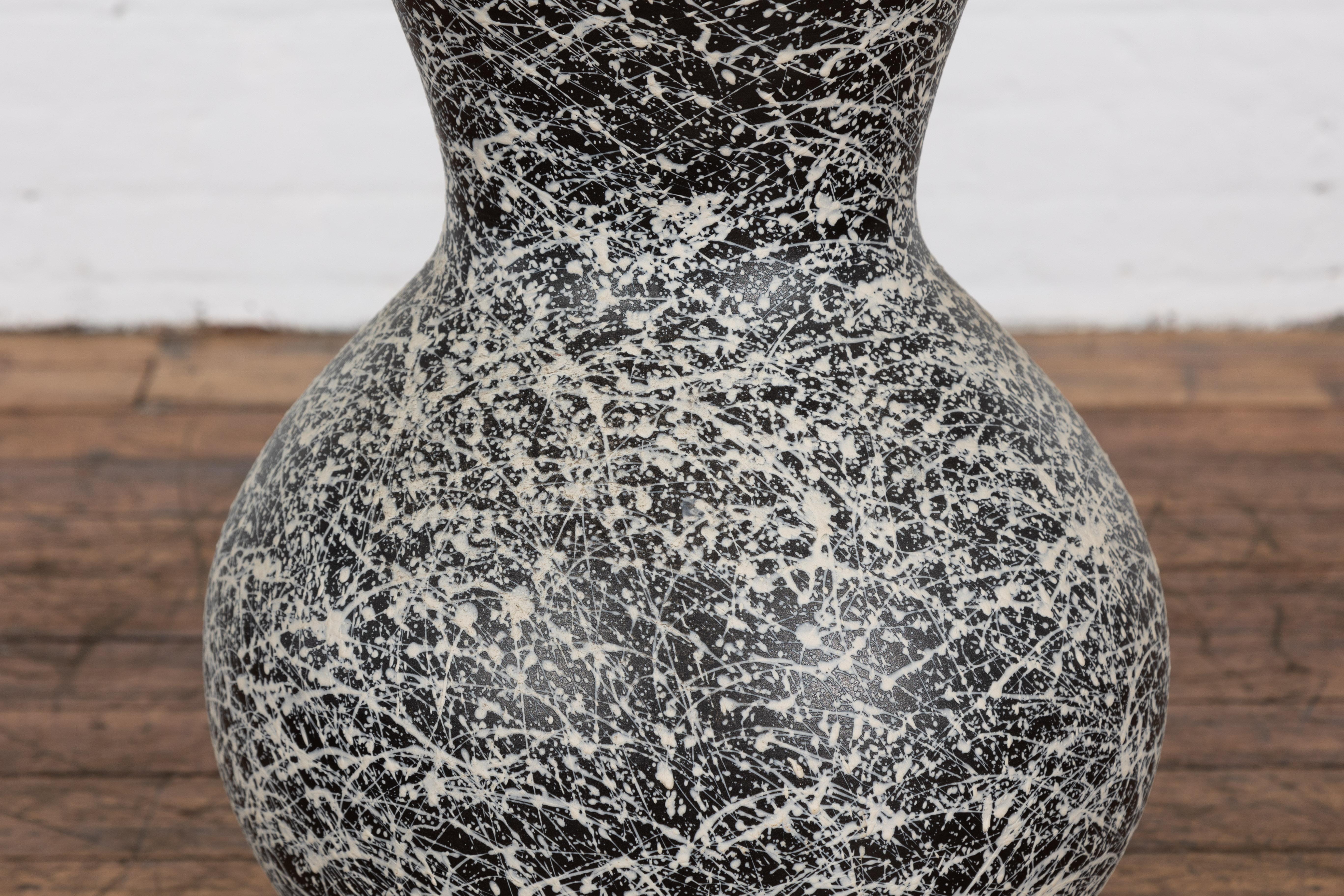 Ceramic Prem Collection Artisan Made Black and White Vase with Dripping Décor For Sale
