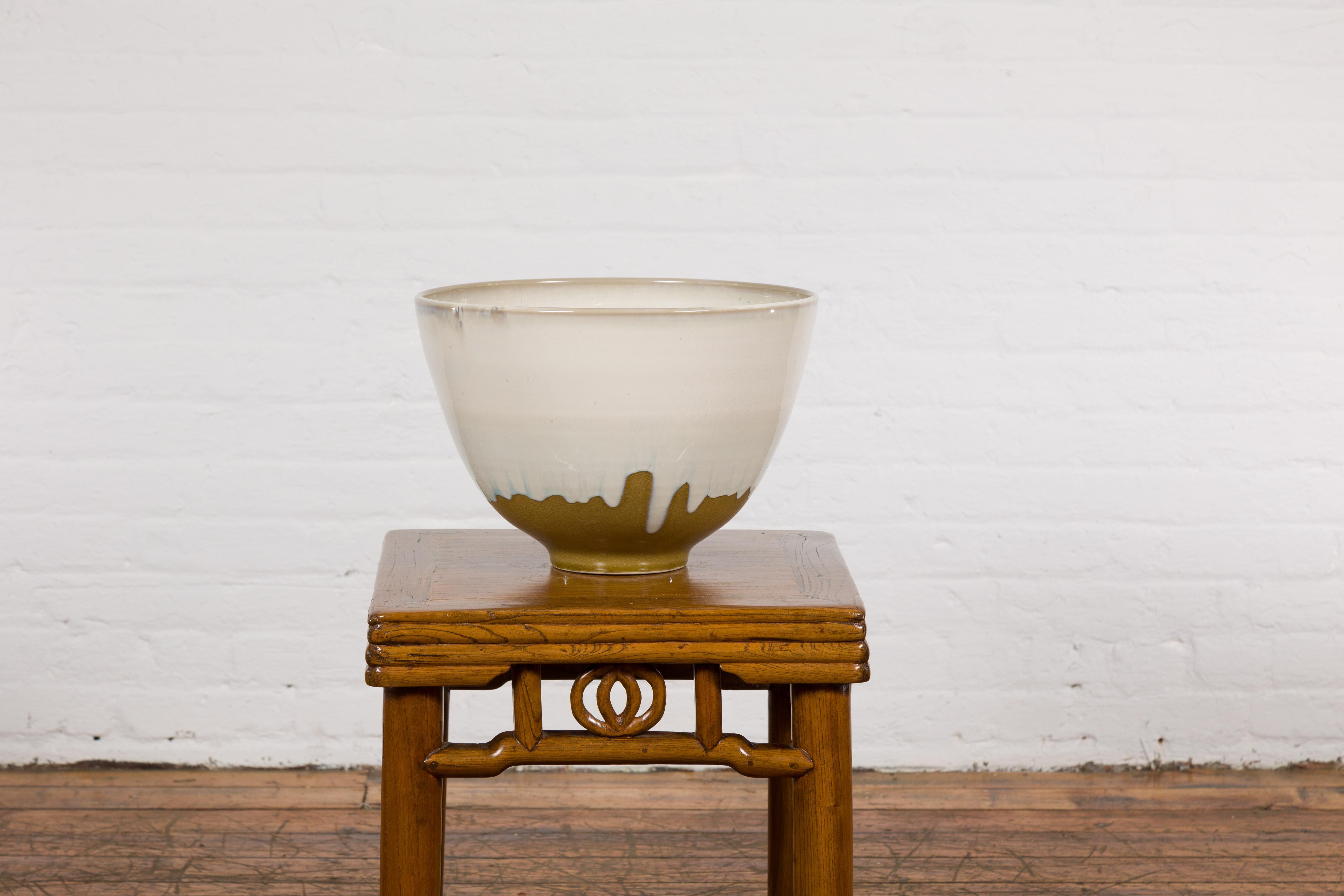 Contemporary White & Brown Glazed Ceramic Bowl For Sale 7