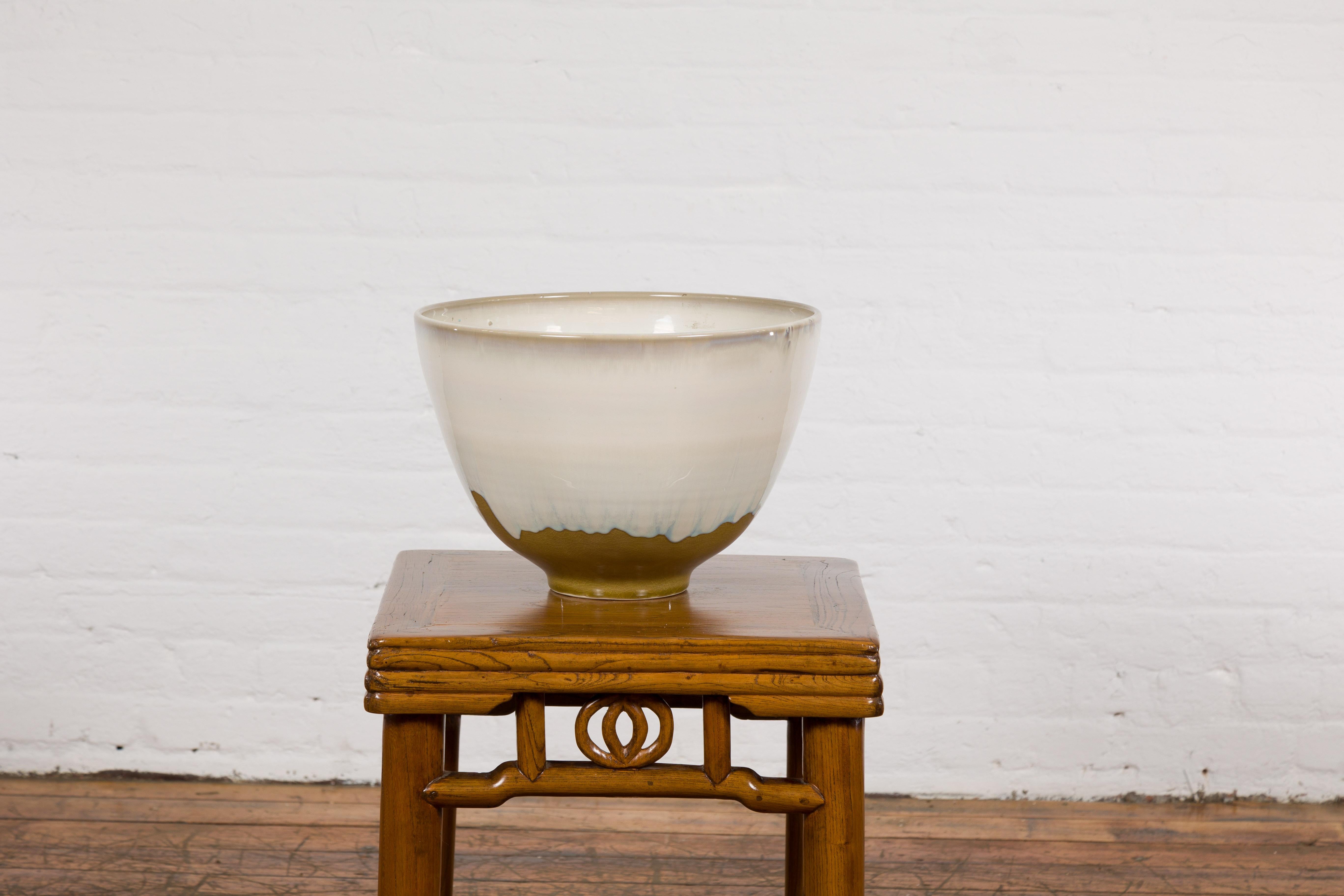 Contemporary White & Brown Glazed Ceramic Bowl For Sale 8