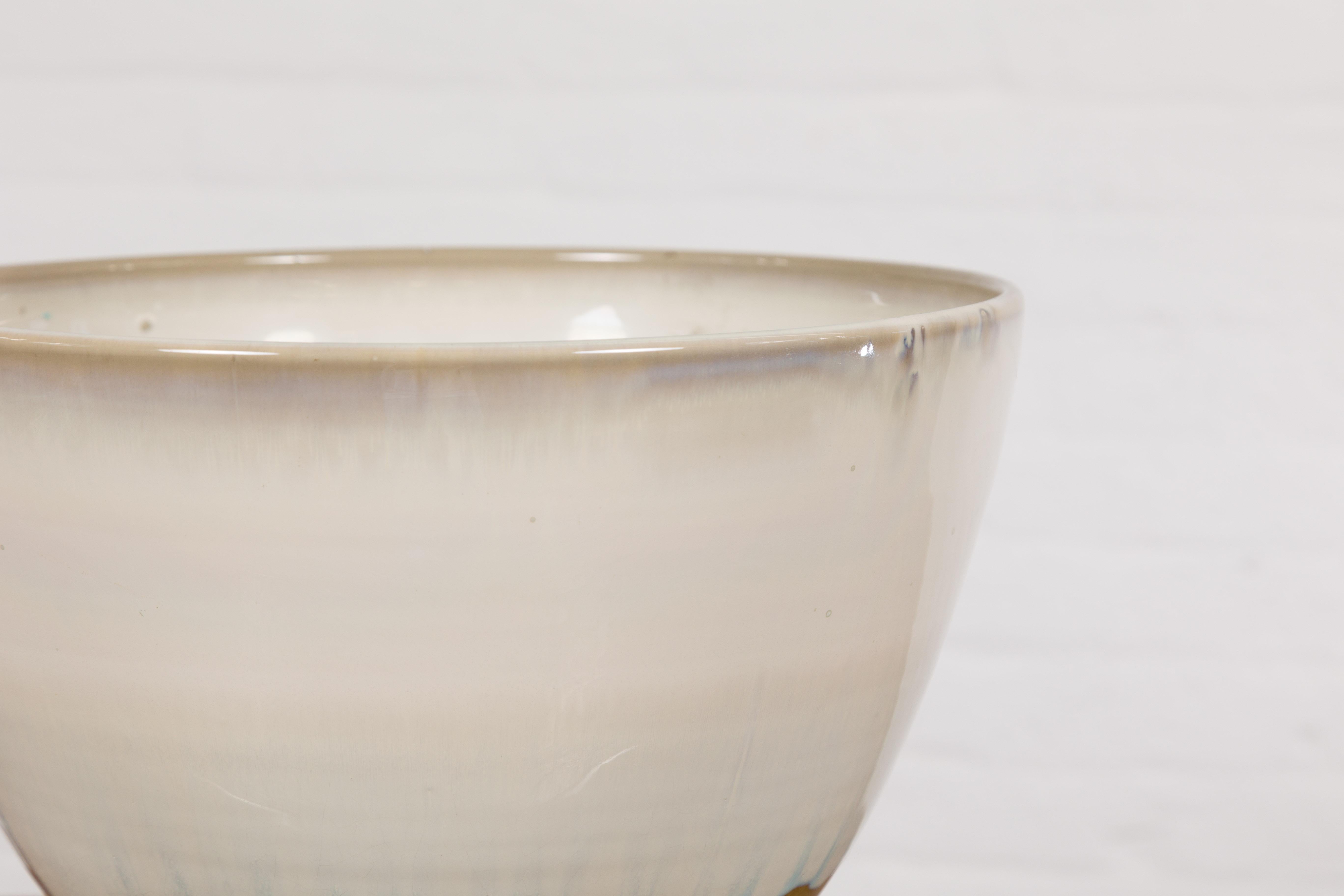 Contemporary White & Brown Glazed Ceramic Bowl For Sale 9