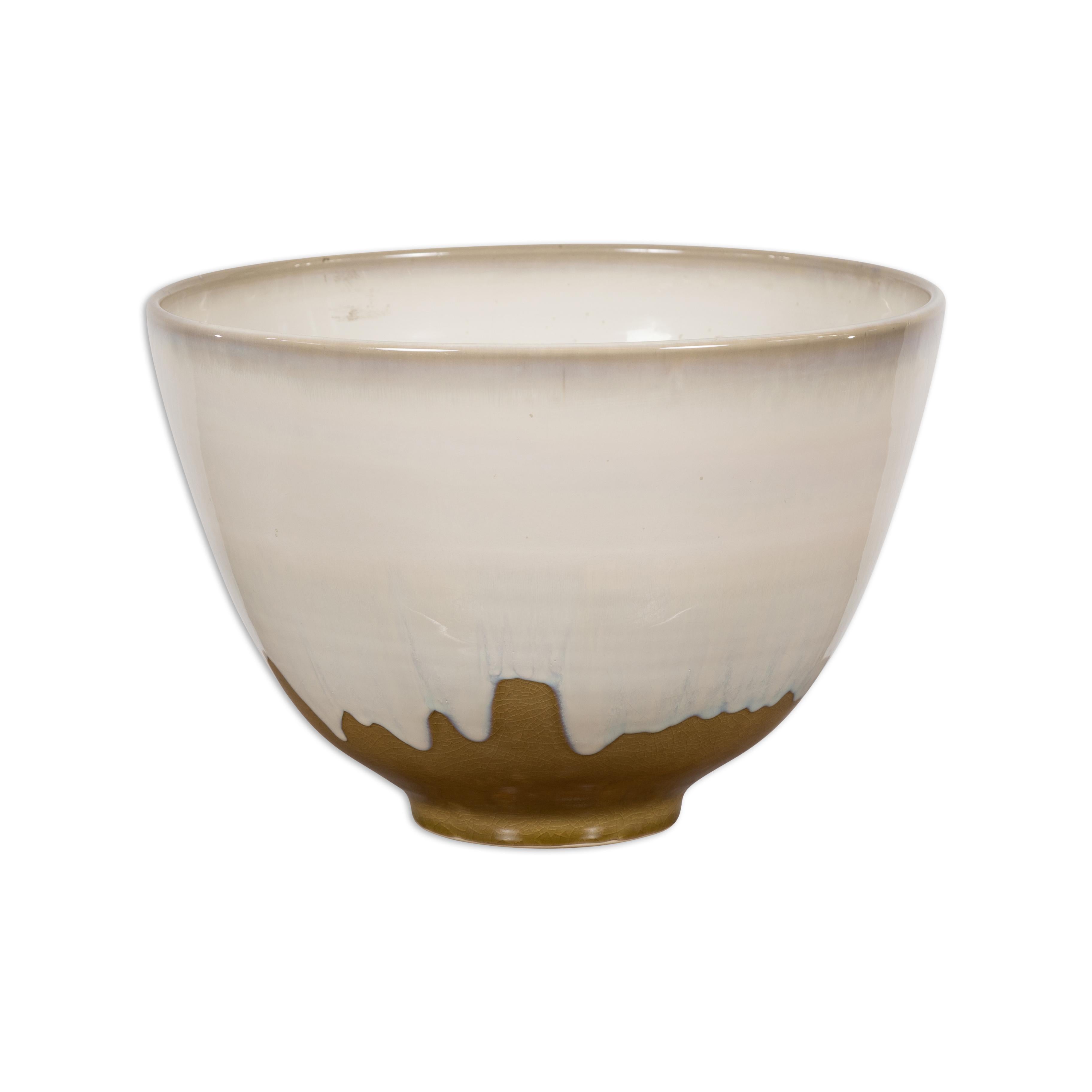 Contemporary White & Brown Glazed Ceramic Bowl For Sale 12