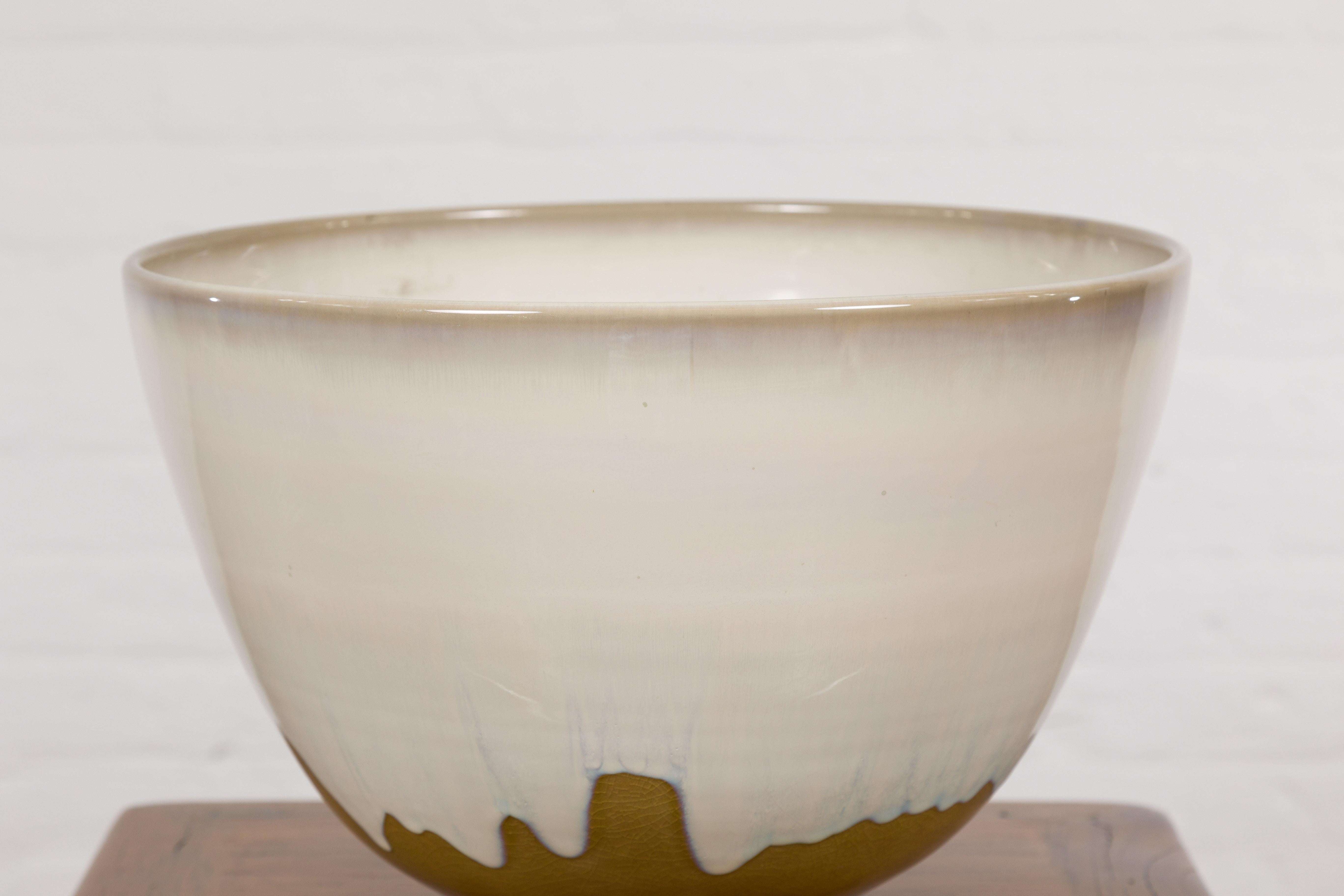 Contemporary White & Brown Glazed Ceramic Bowl For Sale 3