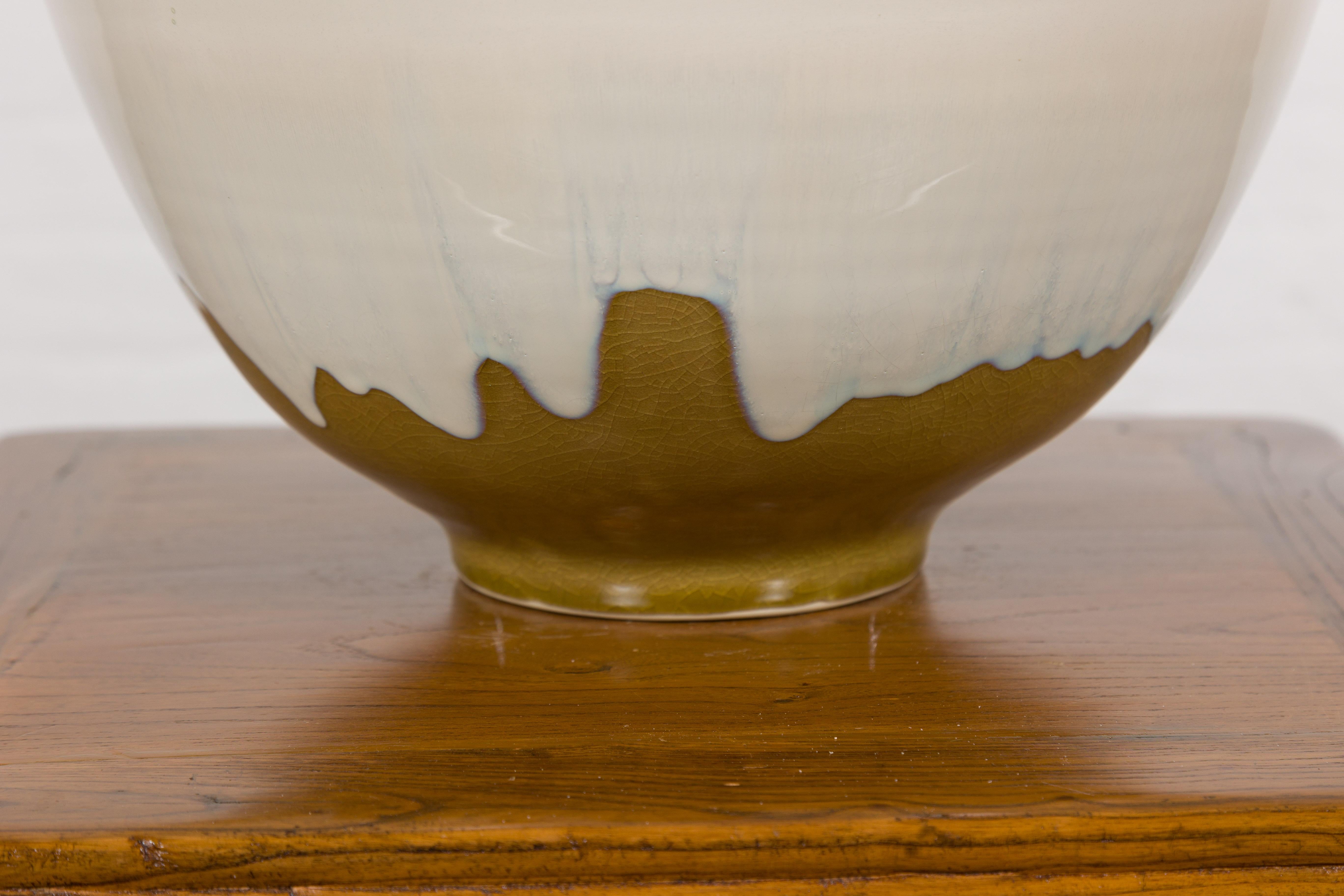 Contemporary White & Brown Glazed Ceramic Bowl For Sale 4