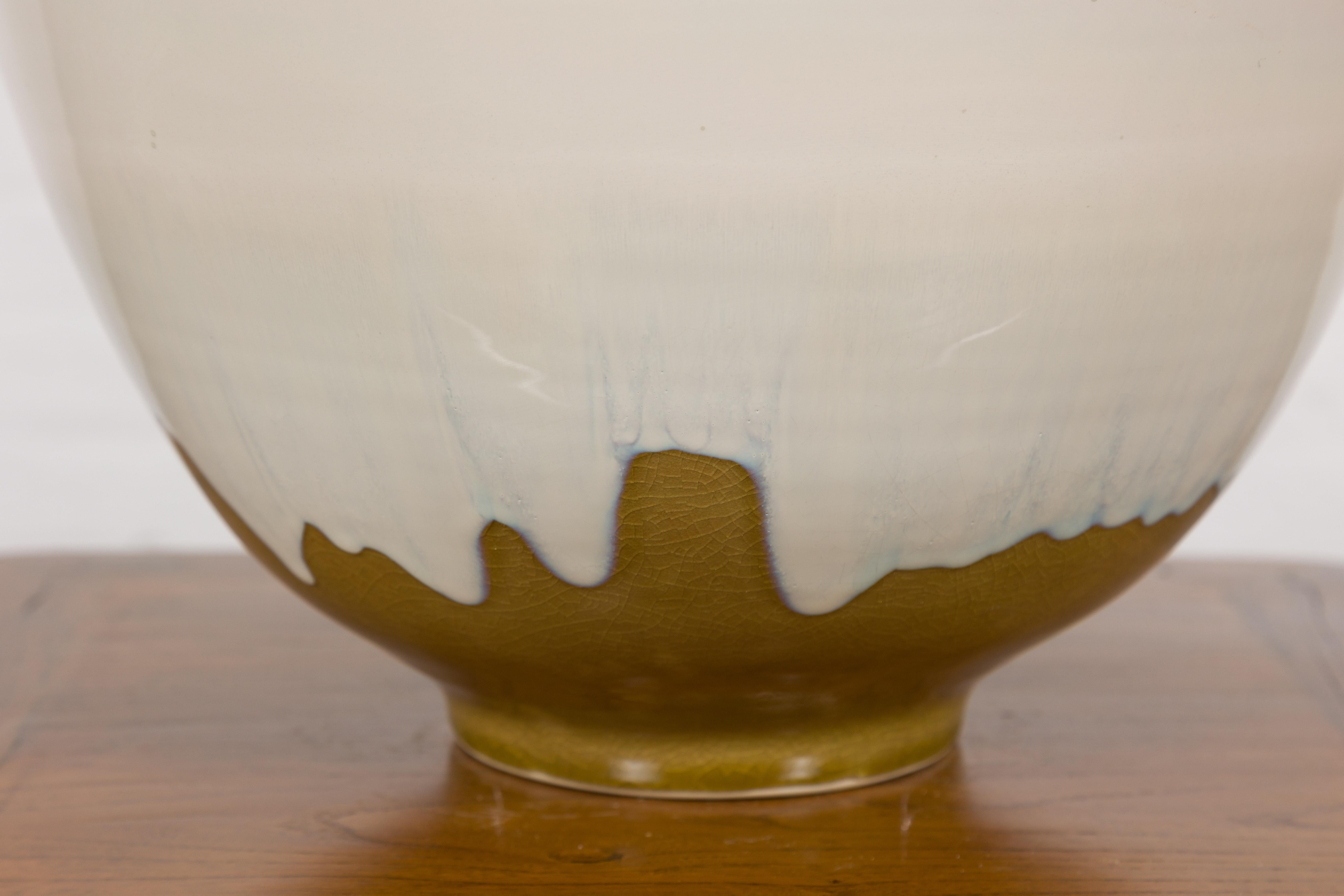 Contemporary White & Brown Glazed Ceramic Bowl For Sale 5