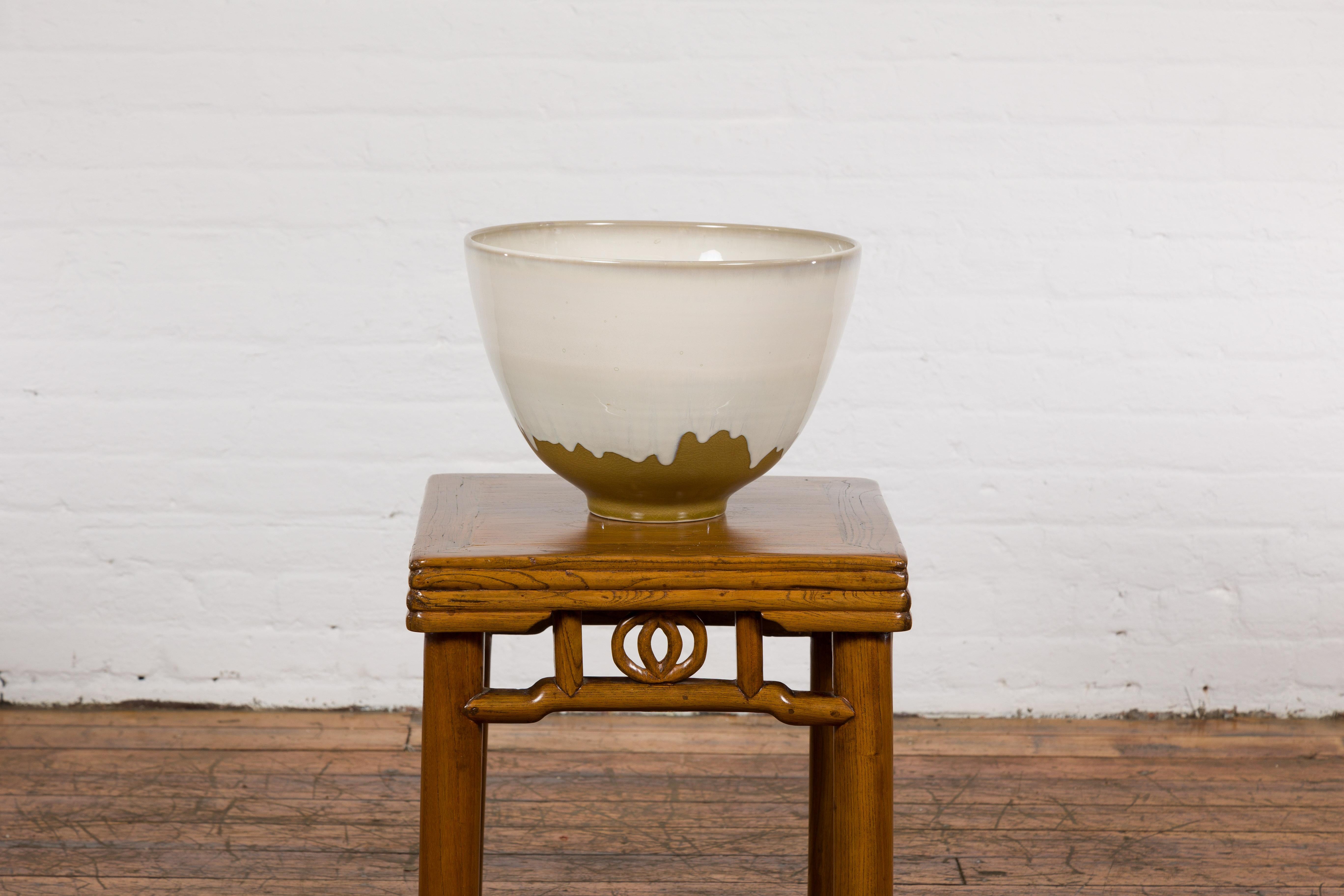 Contemporary White & Brown Glazed Ceramic Bowl For Sale 6