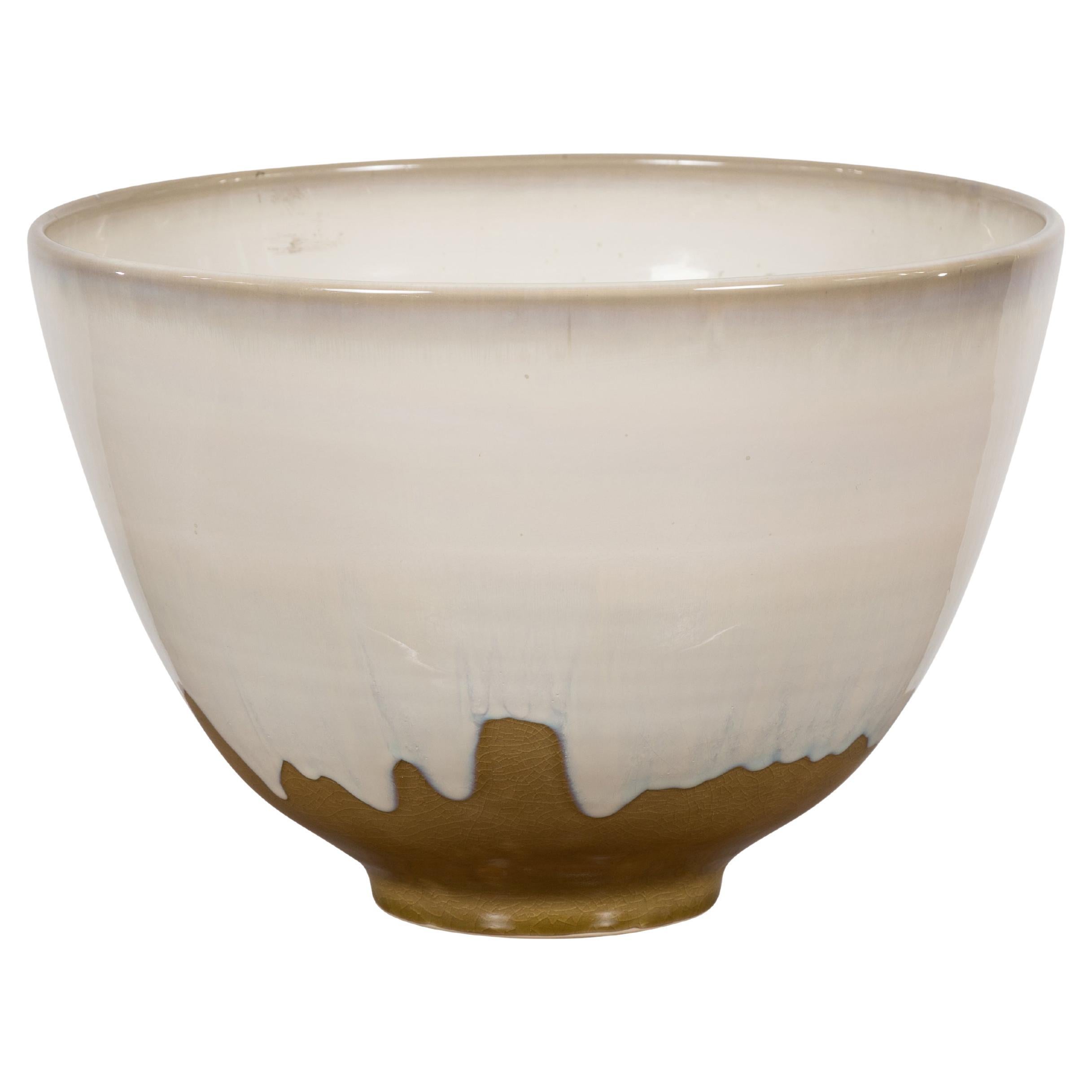 Contemporary White & Brown Glazed Ceramic Bowl For Sale