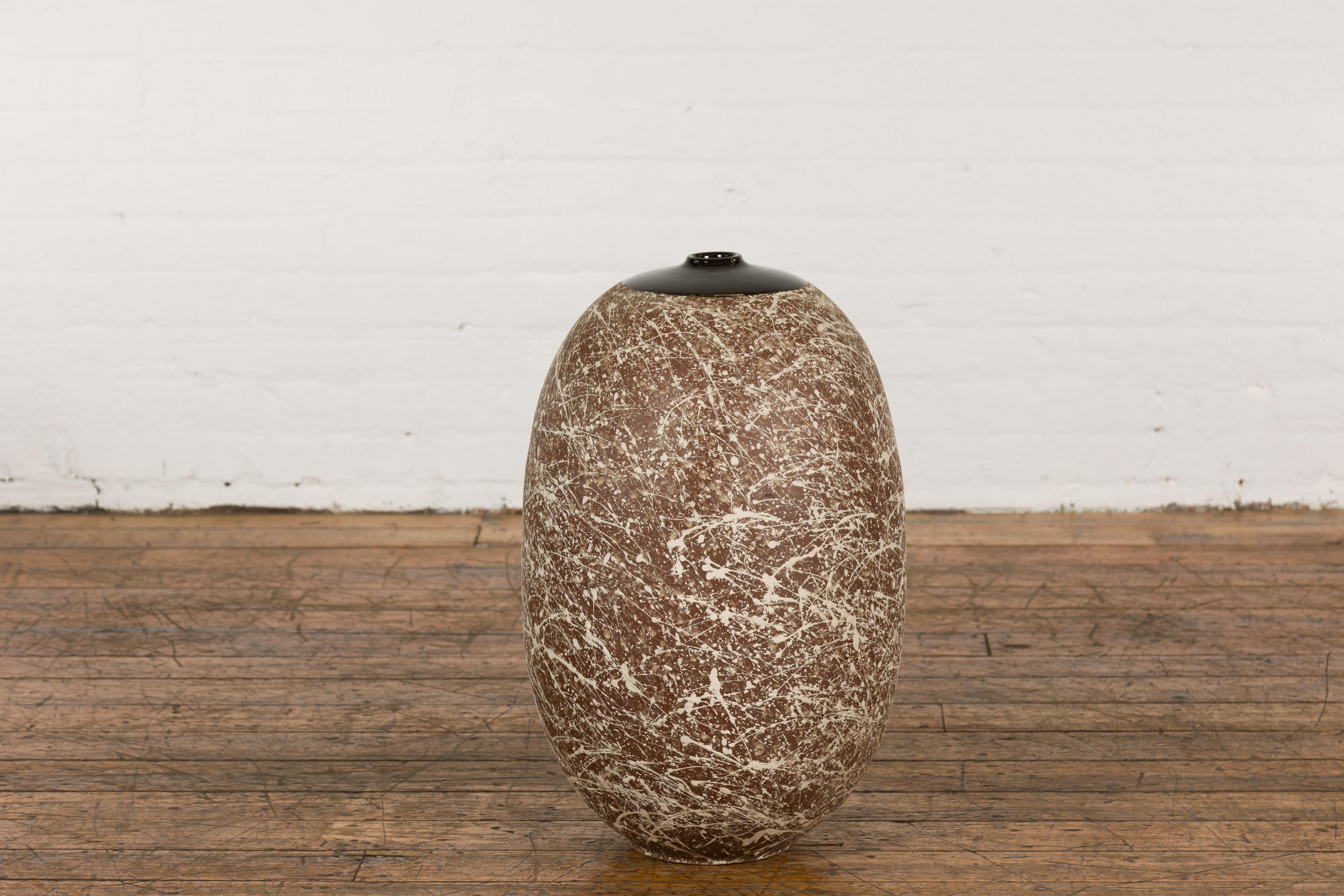 Large Brown & Splattered White Ceramic Decorative Vase For Sale 8