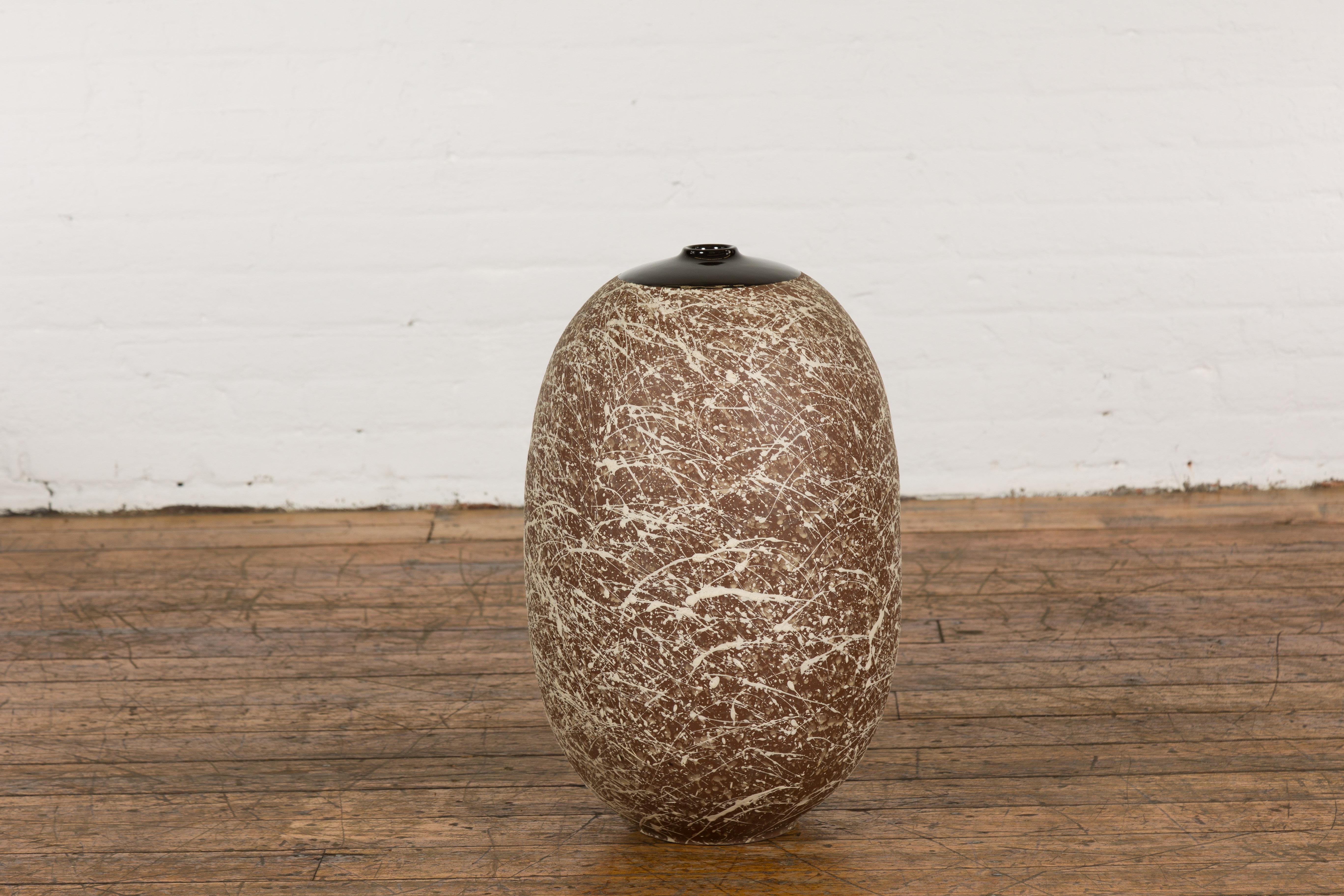 Large Brown & Splattered White Ceramic Decorative Vase For Sale 9