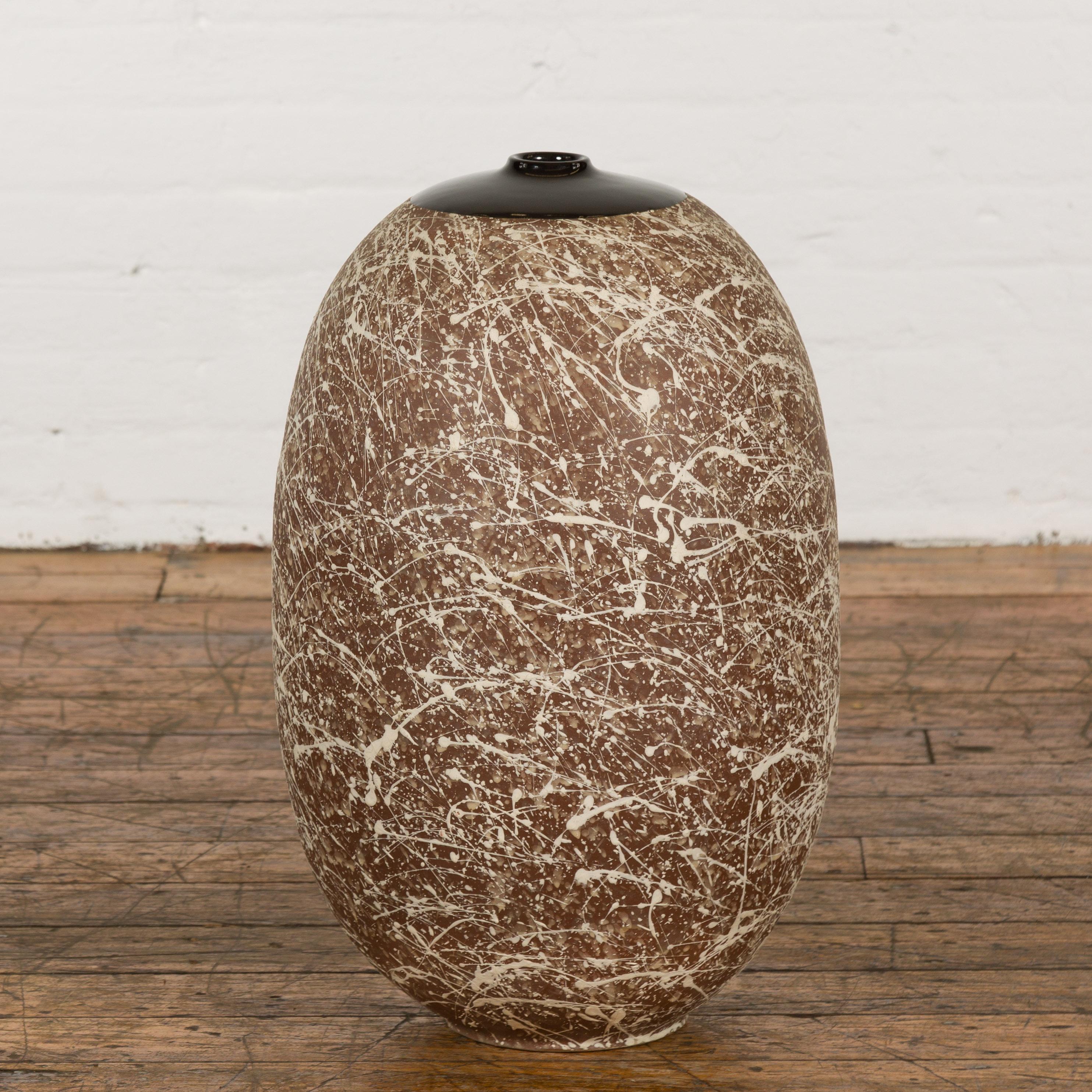 Large Brown & Splattered White Ceramic Decorative Vase For Sale 10
