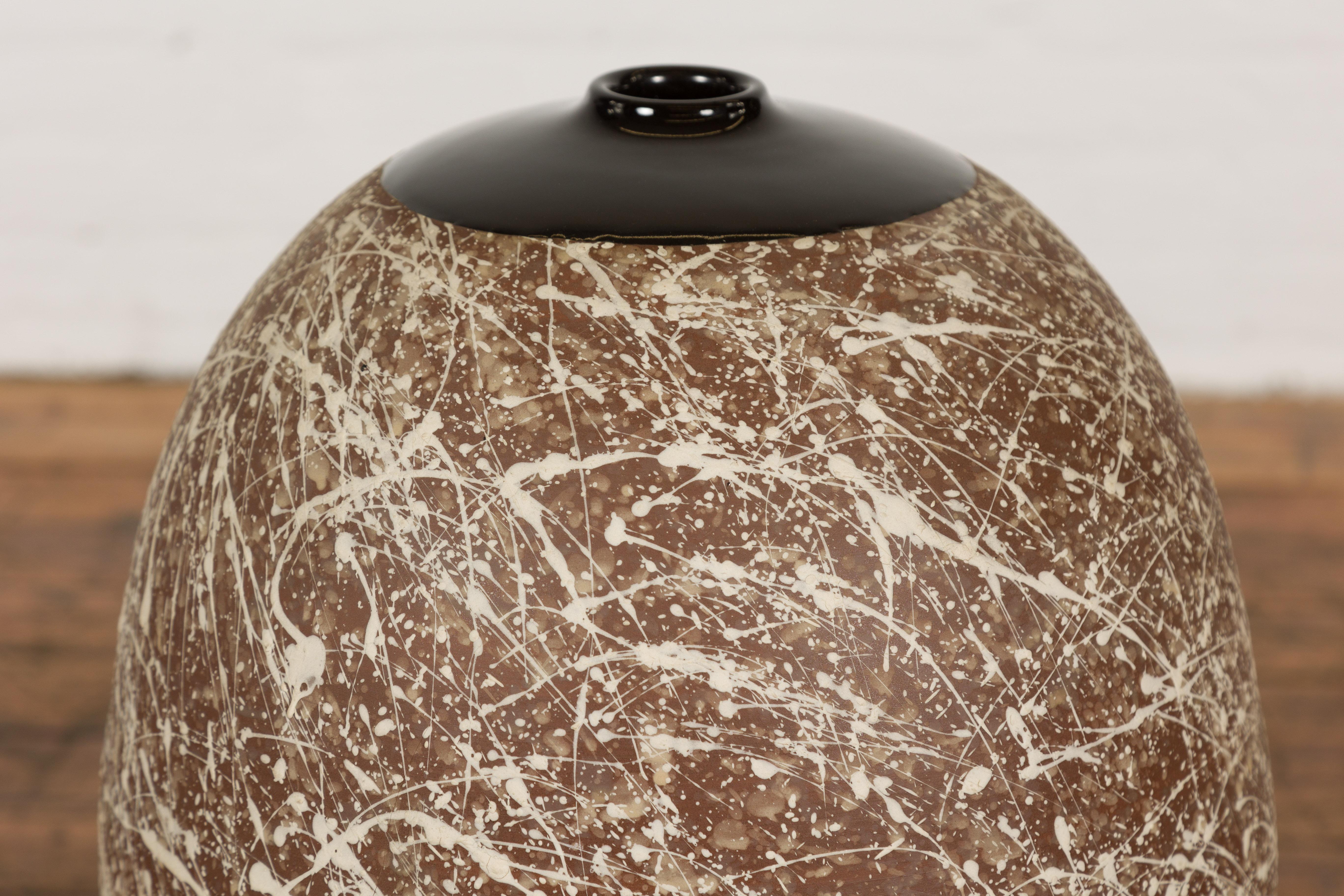Large Brown & Splattered White Ceramic Decorative Vase For Sale 1