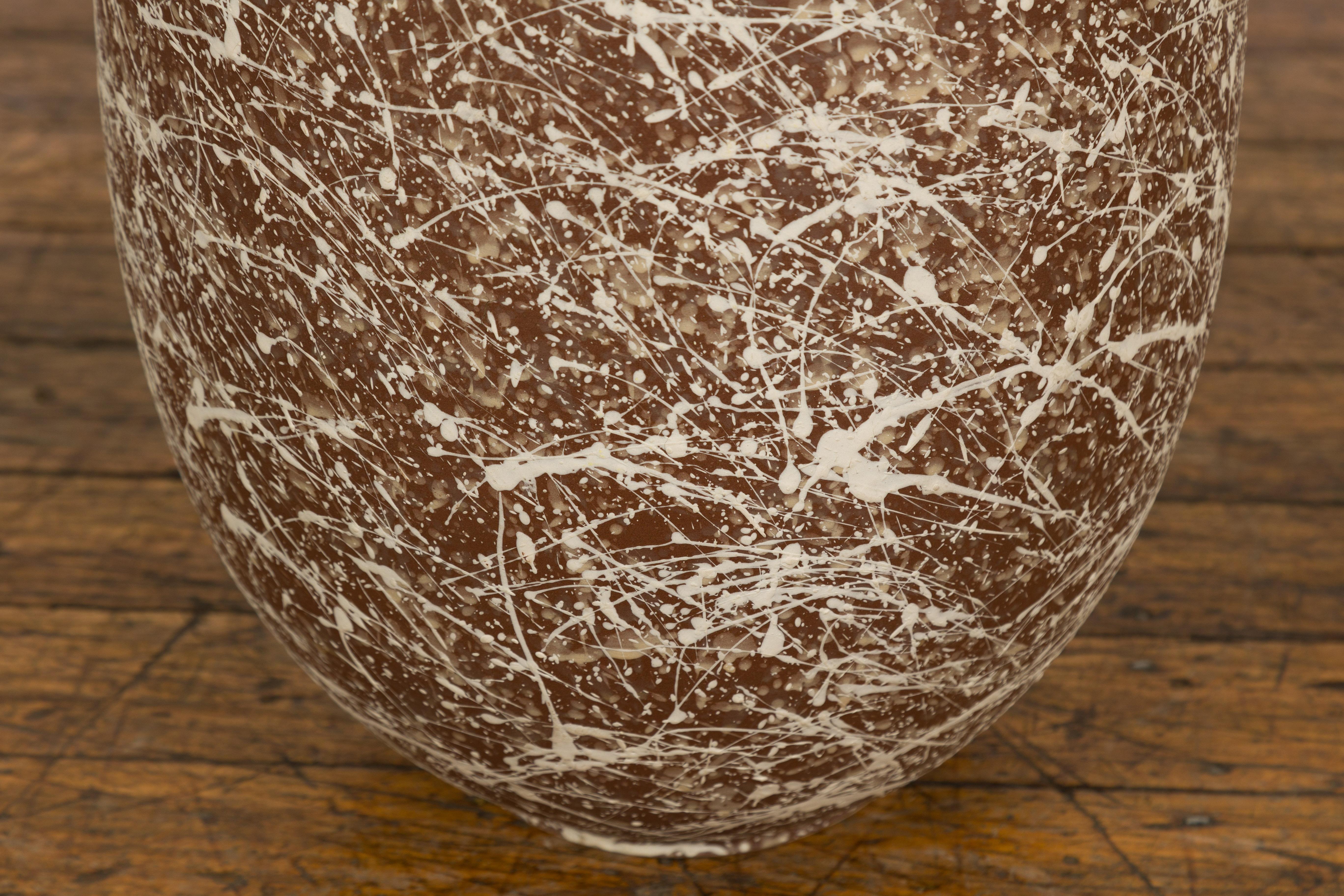 Large Brown & Splattered White Ceramic Decorative Vase For Sale 4