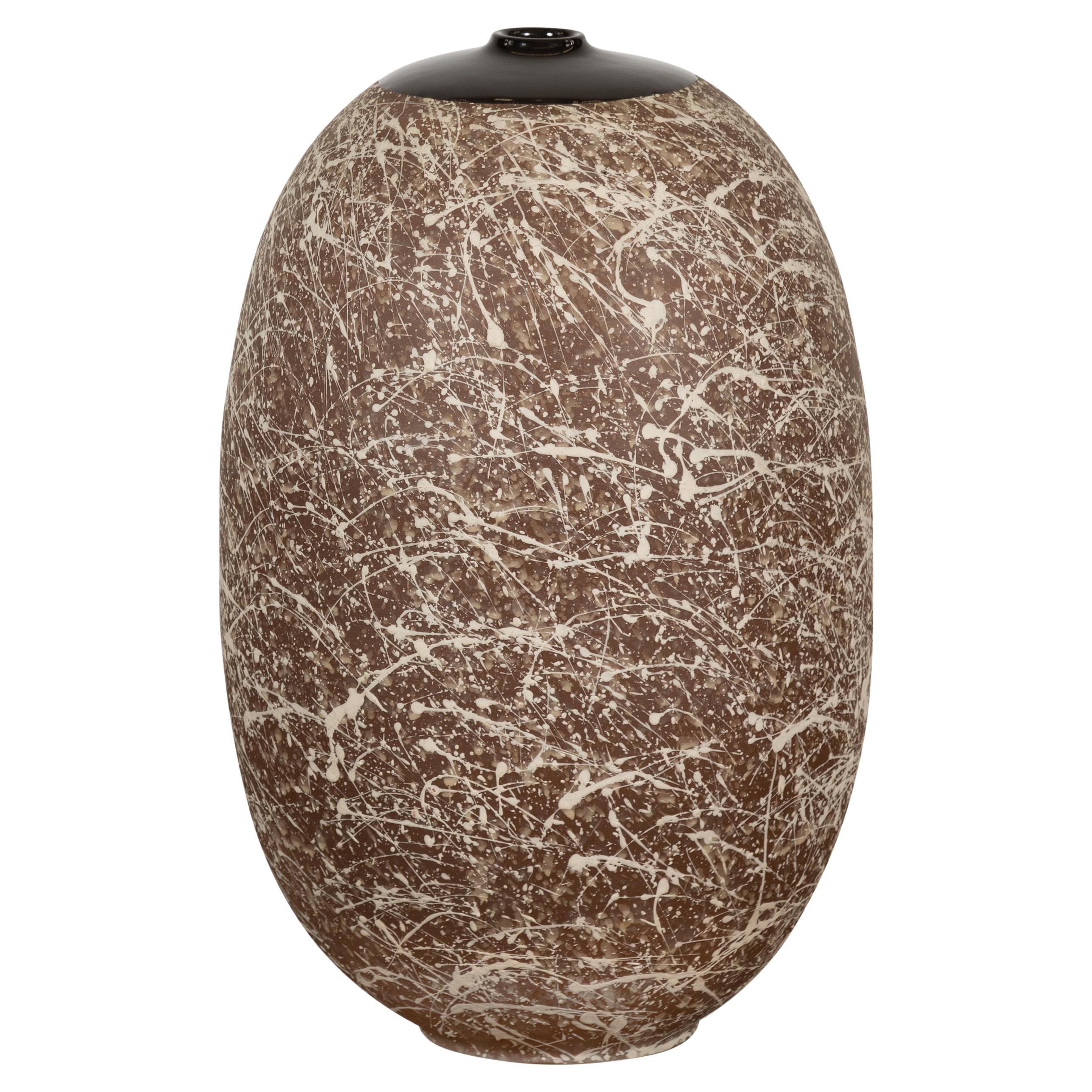 Large Brown & Splattered White Ceramic Decorative Vase For Sale