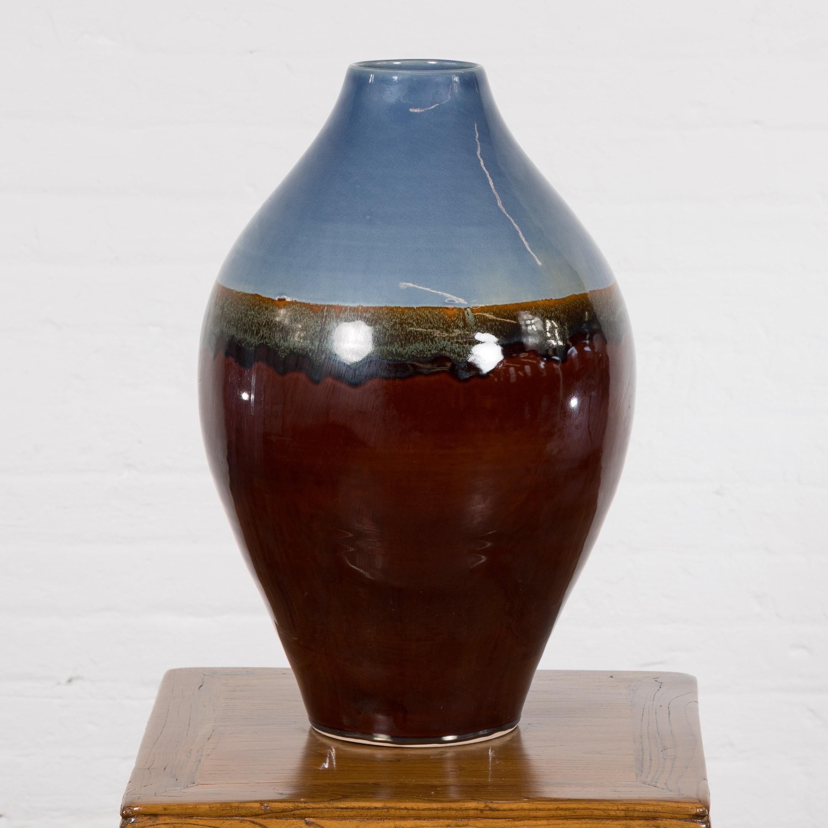Contemporary Ceramic Vase with Blue & Brown Glaze For Sale 7