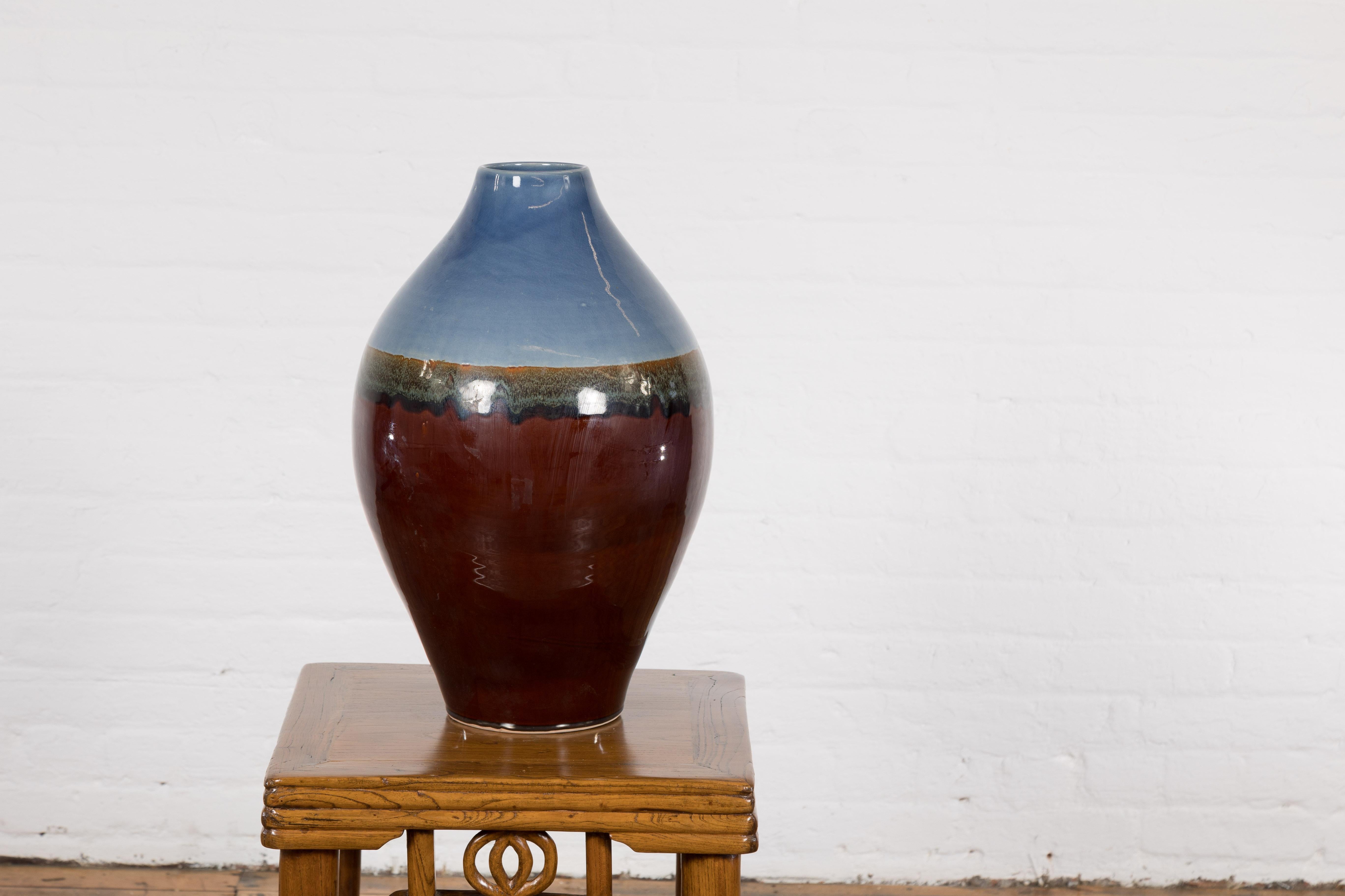Contemporary Ceramic Vase with Blue & Brown Glaze For Sale 8