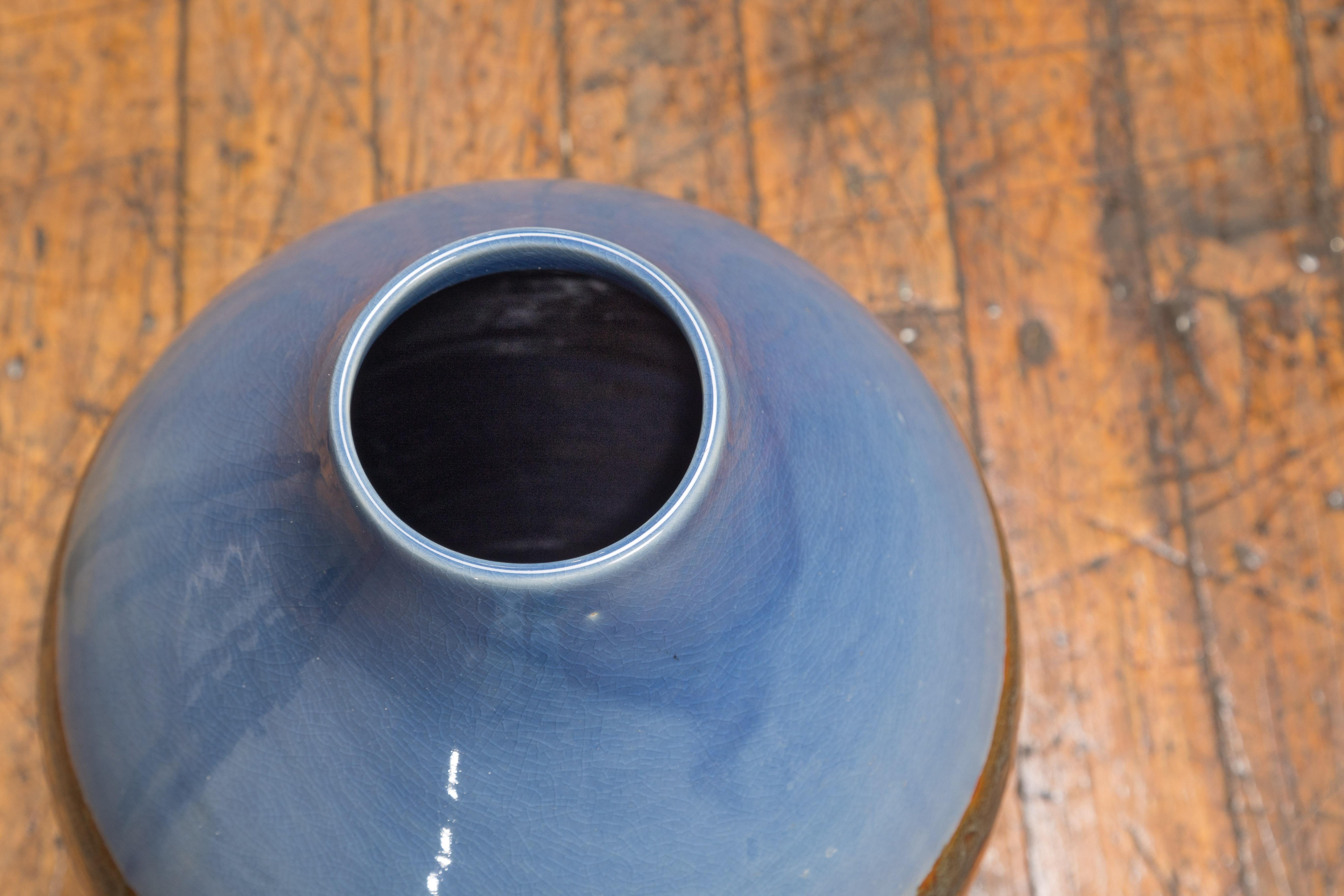 Contemporary Ceramic Vase with Blue & Brown Glaze For Sale 9