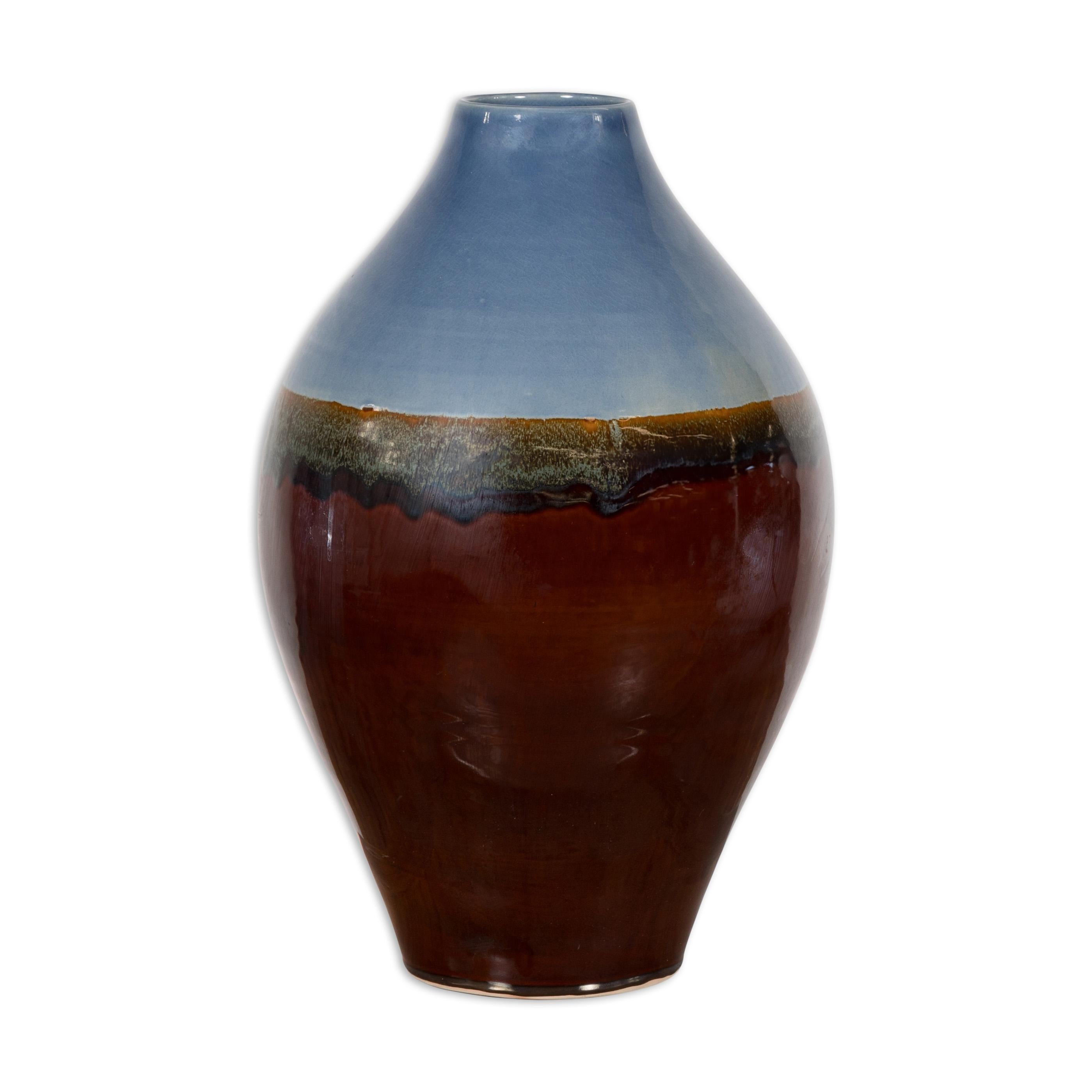 Contemporary Ceramic Vase with Blue & Brown Glaze For Sale 11