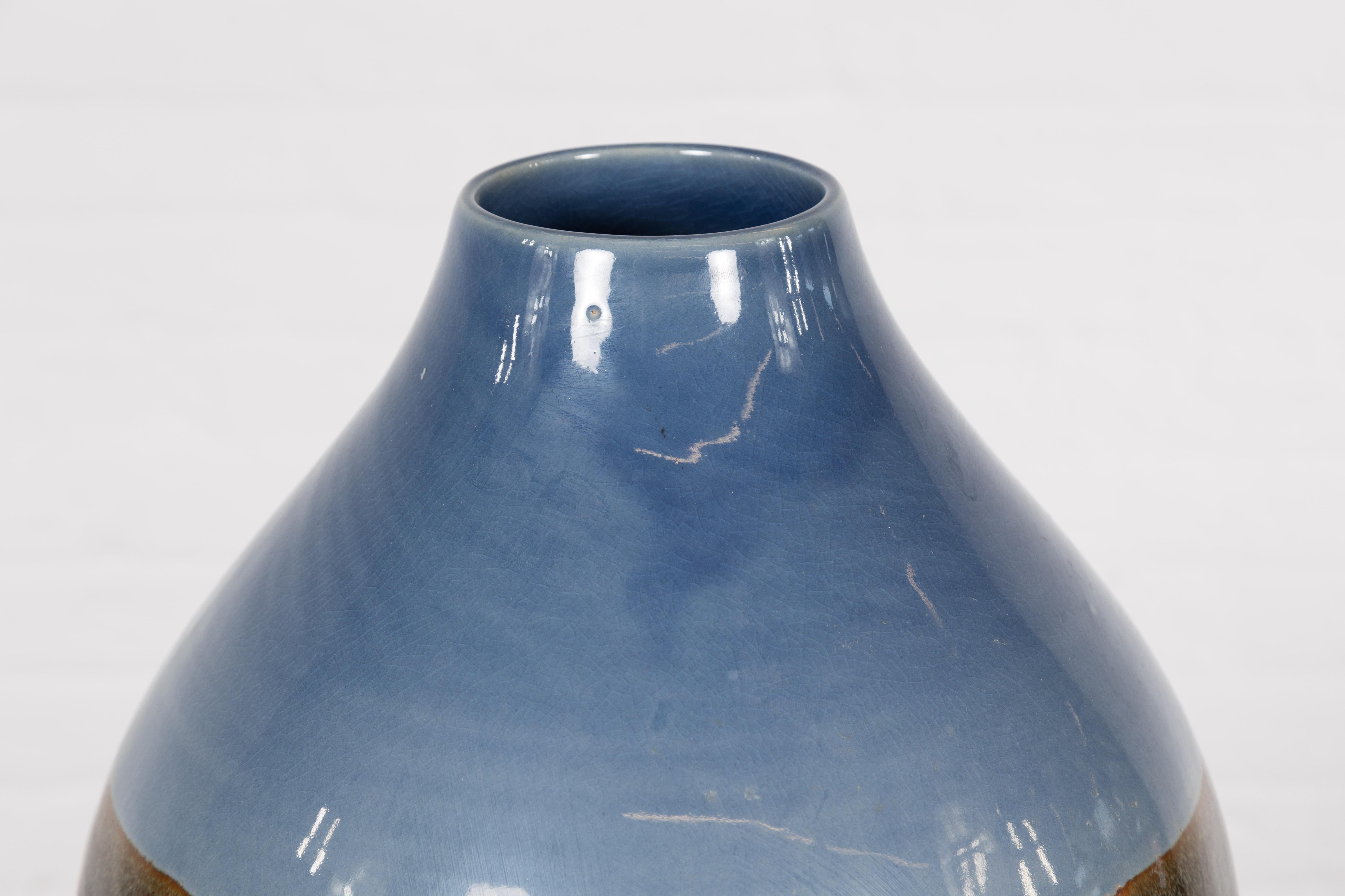 Contemporary Ceramic Vase with Blue & Brown Glaze For Sale 1