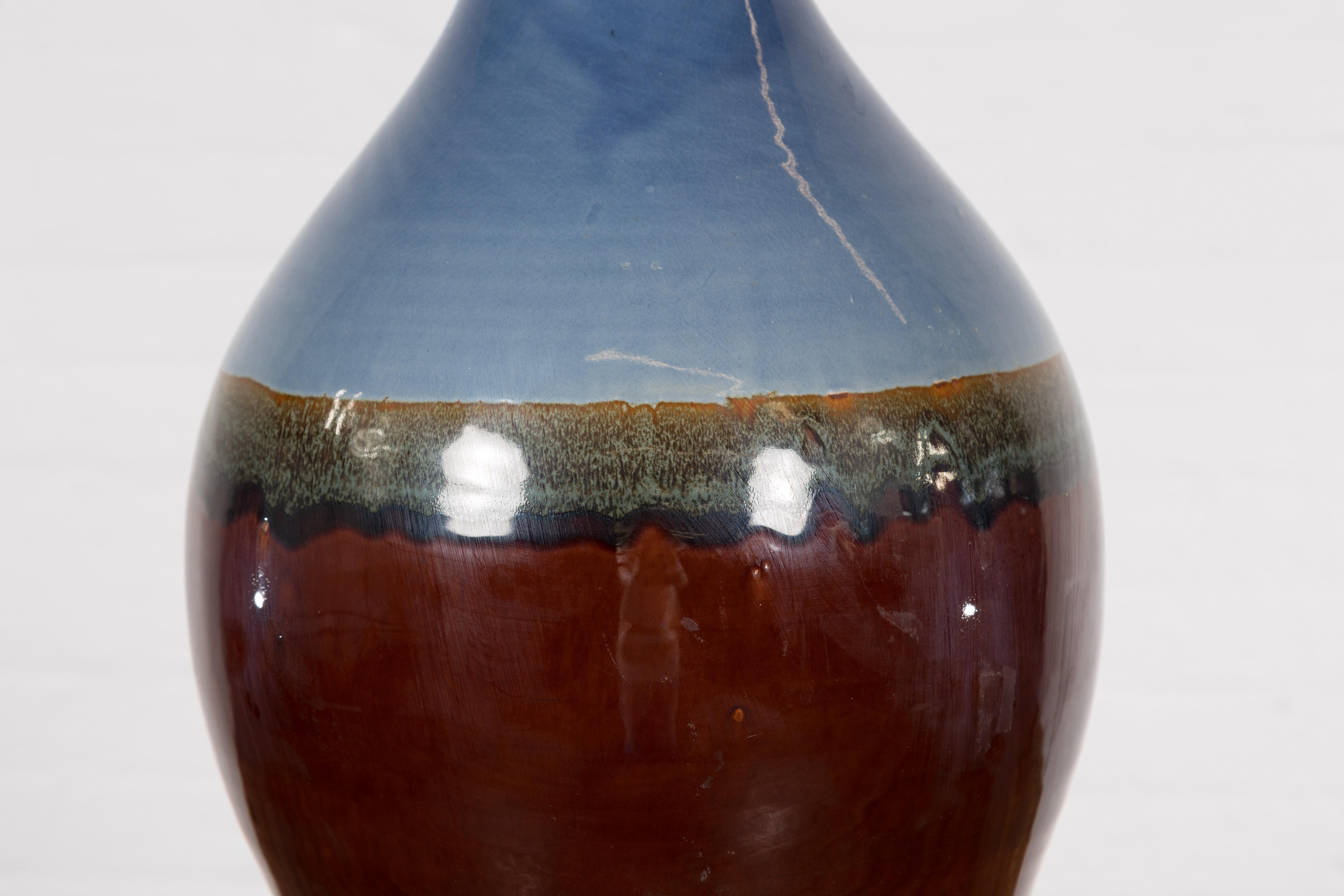 Contemporary Ceramic Vase with Blue & Brown Glaze For Sale 2