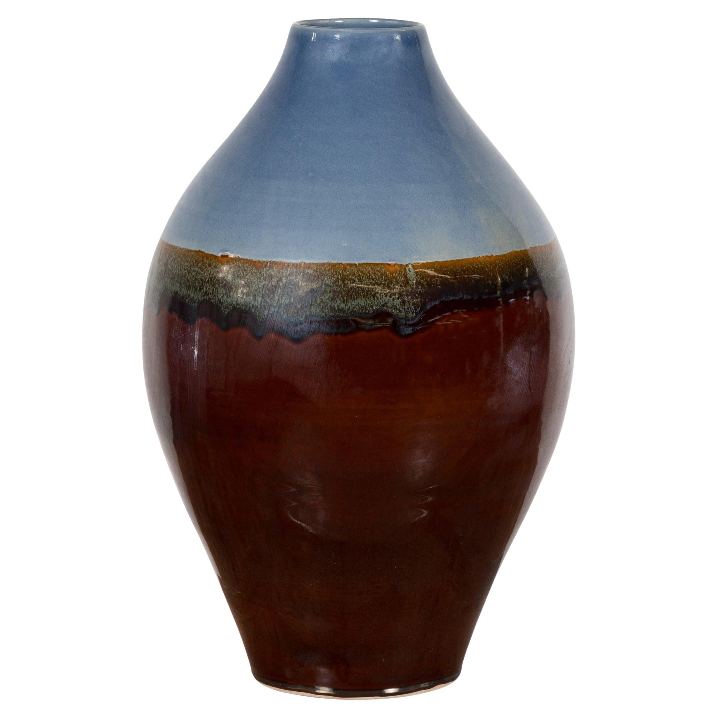 Contemporary Ceramic Vase with Blue & Brown Glaze For Sale