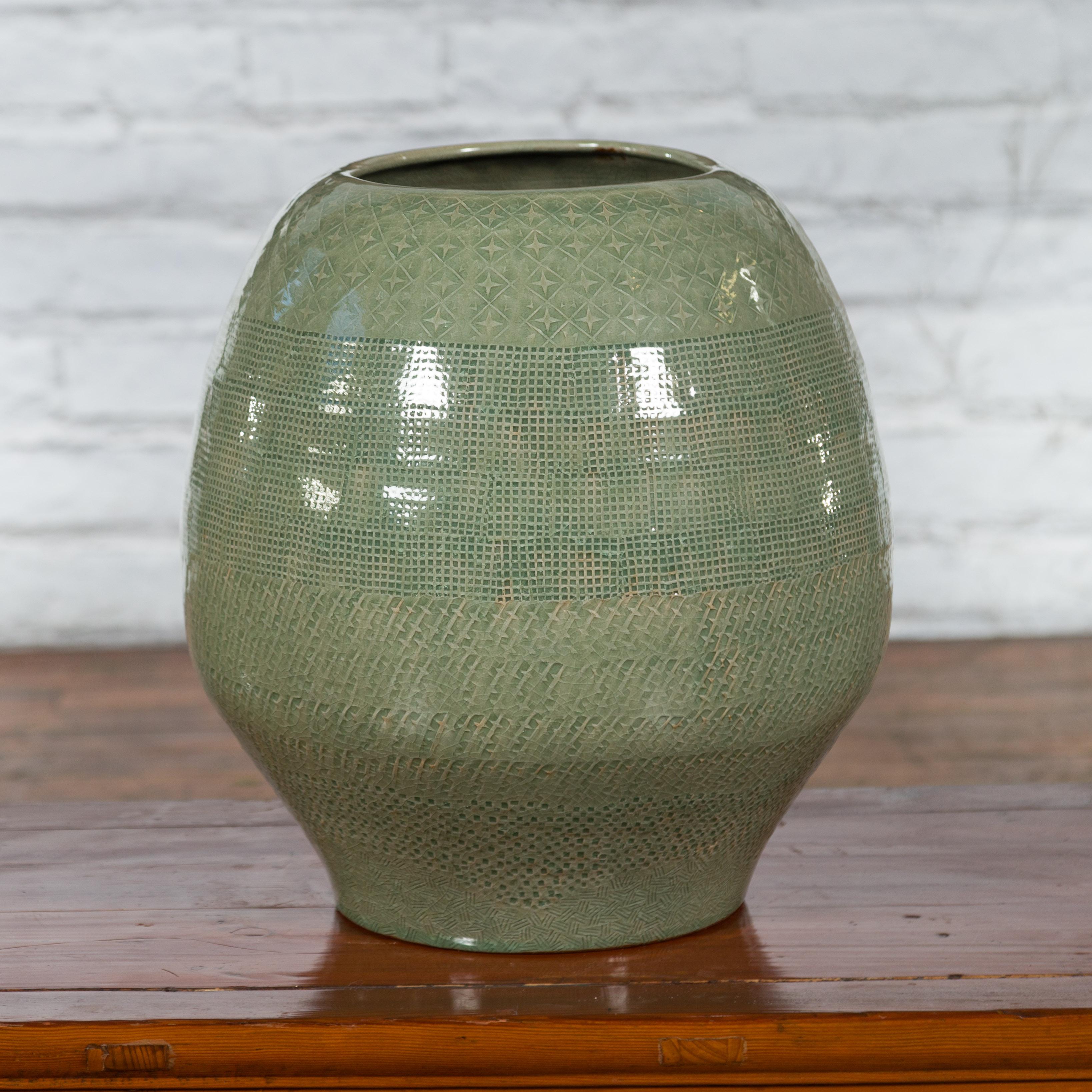 Prem Collection Green Glazed Ceramic Artisan Vase with Geometric Décor For Sale 5