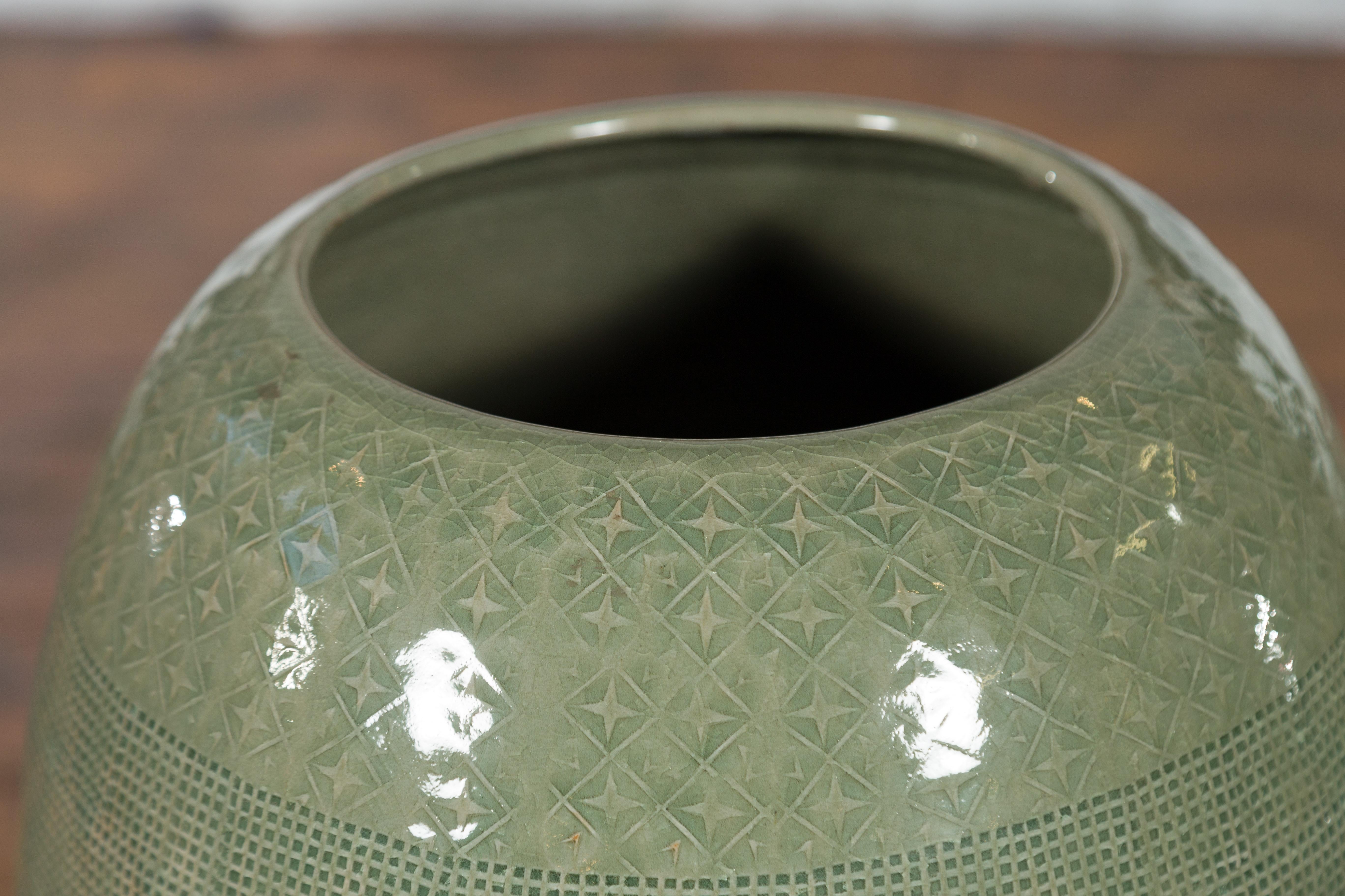 Prem Collection Green Glazed Ceramic Artisan Vase with Geometric Décor For Sale 7