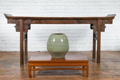 Large Green Glazed Ceramic Vase with Incised Geometric Bands