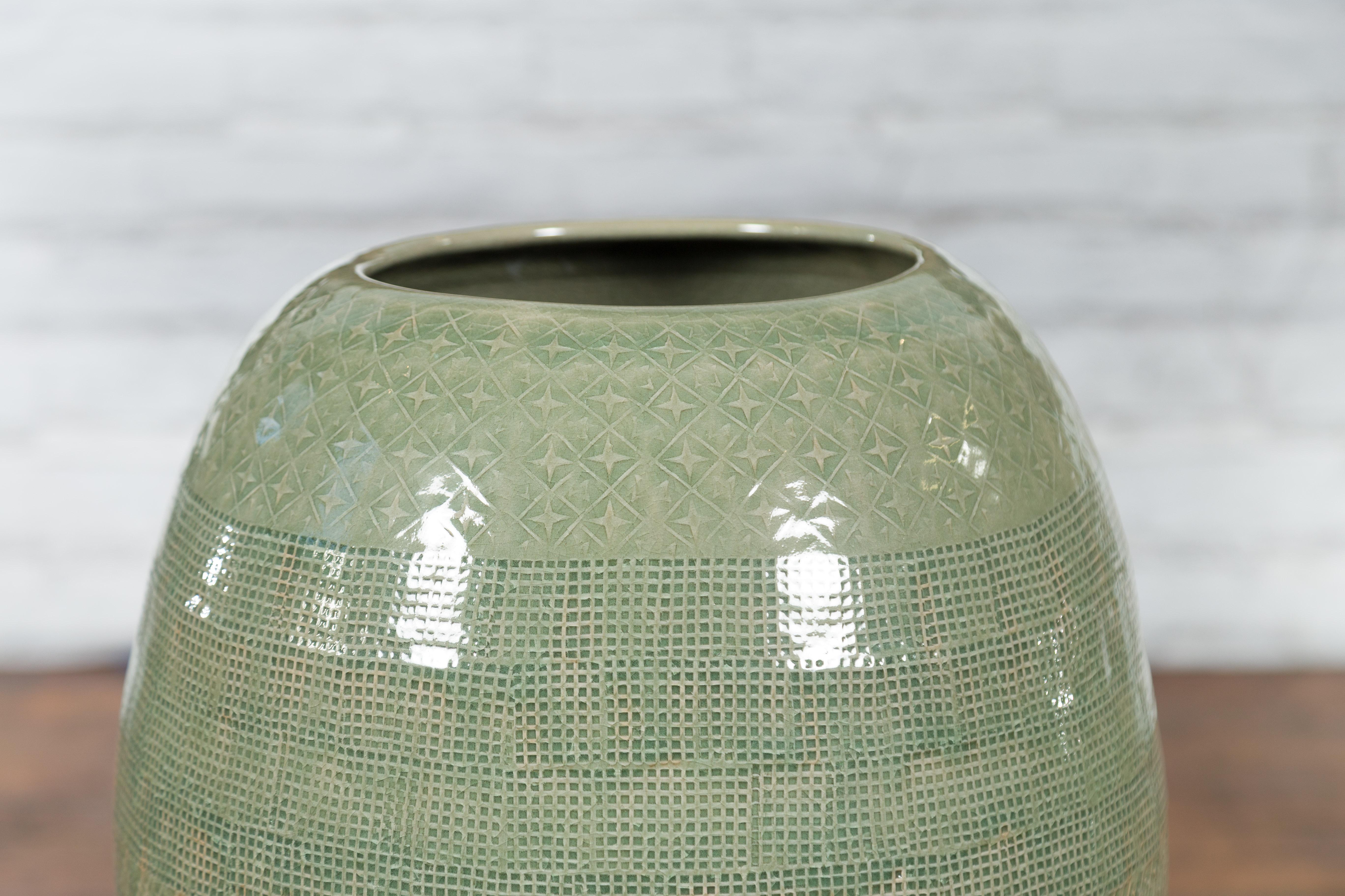 Contemporary Prem Collection Green Glazed Ceramic Artisan Vase with Geometric Décor For Sale
