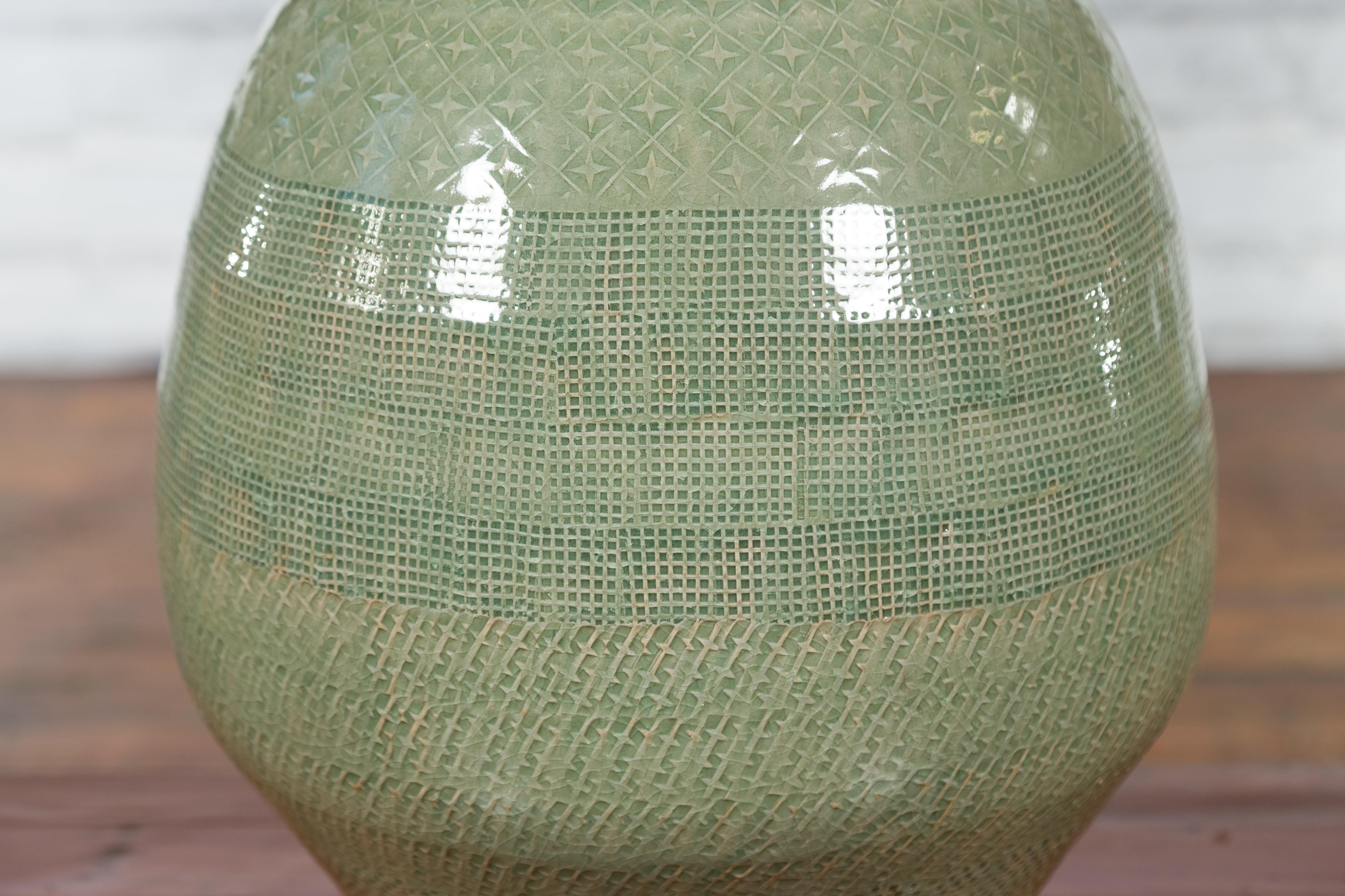 Prem Collection Green Glazed Ceramic Artisan Vase with Geometric Décor For Sale 1