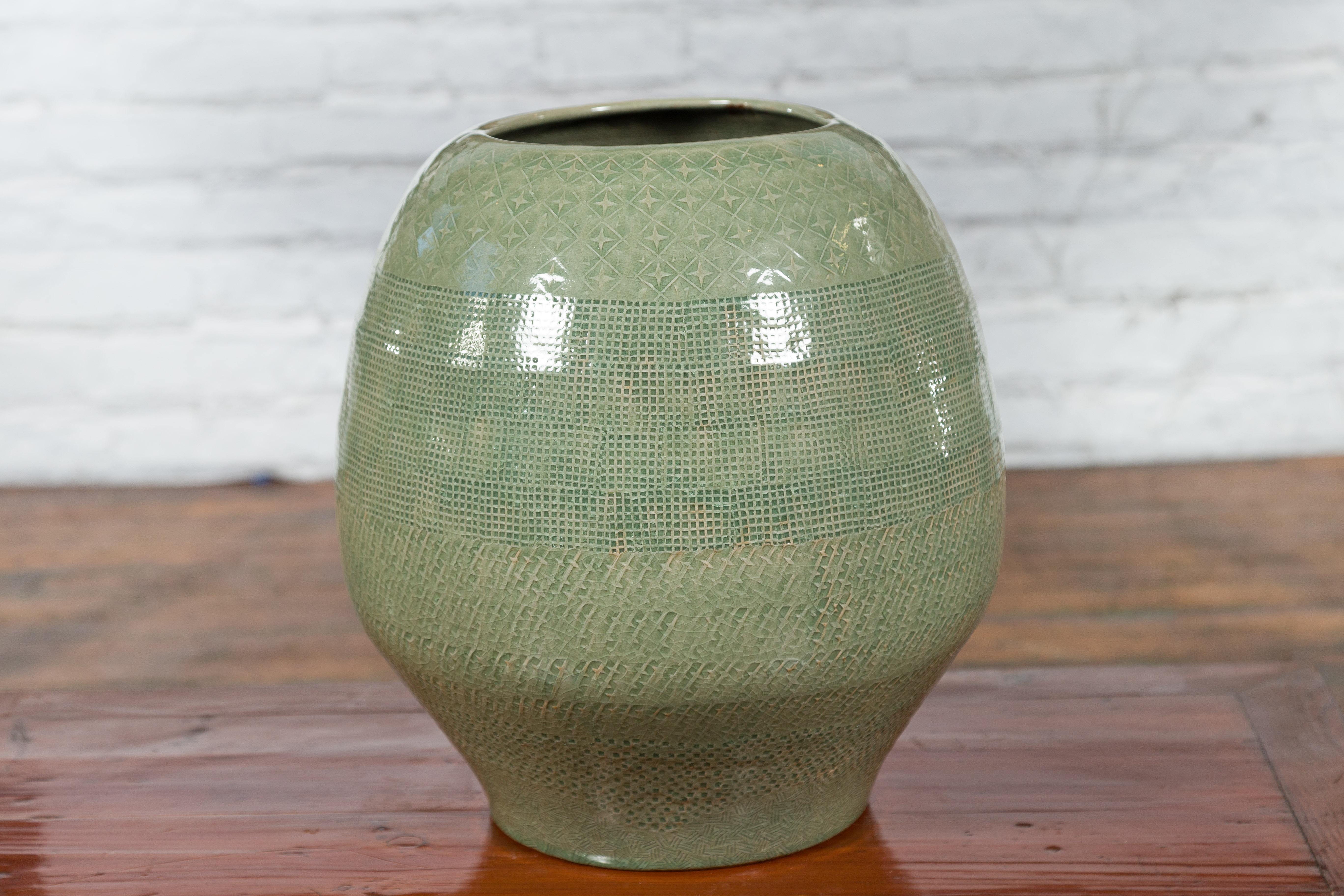 Prem Collection Green Glazed Ceramic Artisan Vase with Geometric Décor For Sale 3