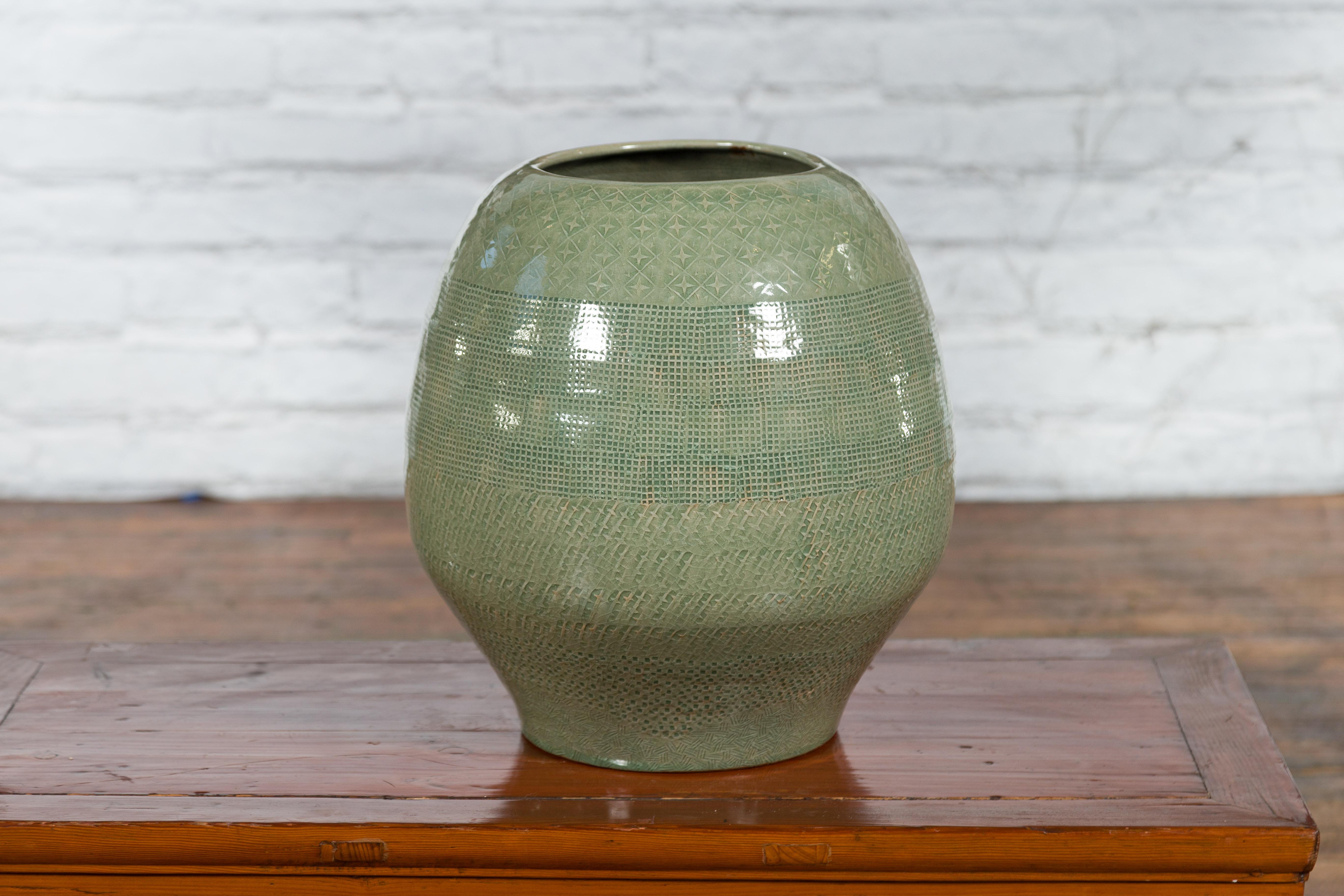 Prem Collection Green Glazed Ceramic Artisan Vase with Geometric Décor For Sale 4