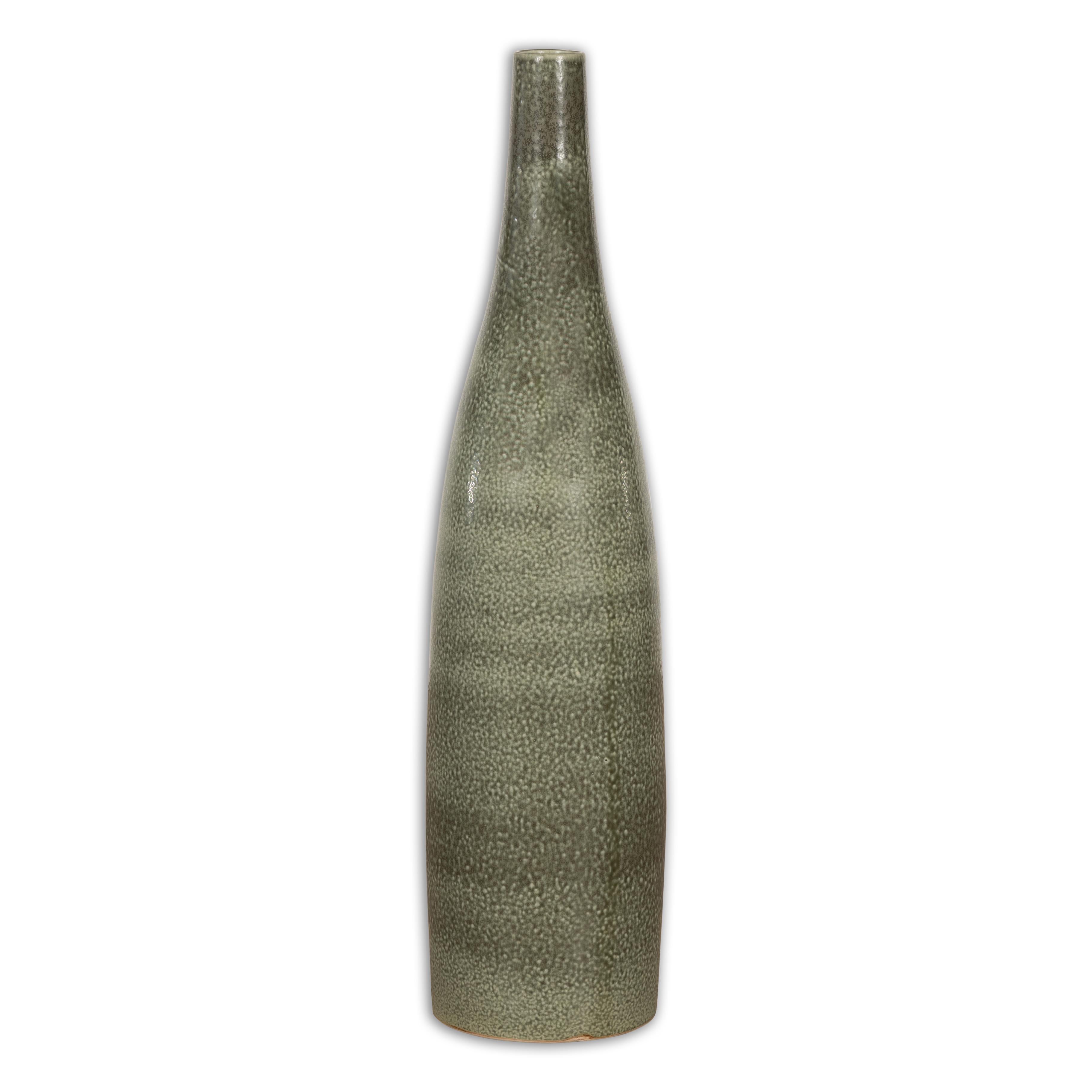 Prem Collection Green Glazed Vase with Green Finish and Blotched Accents For Sale 8