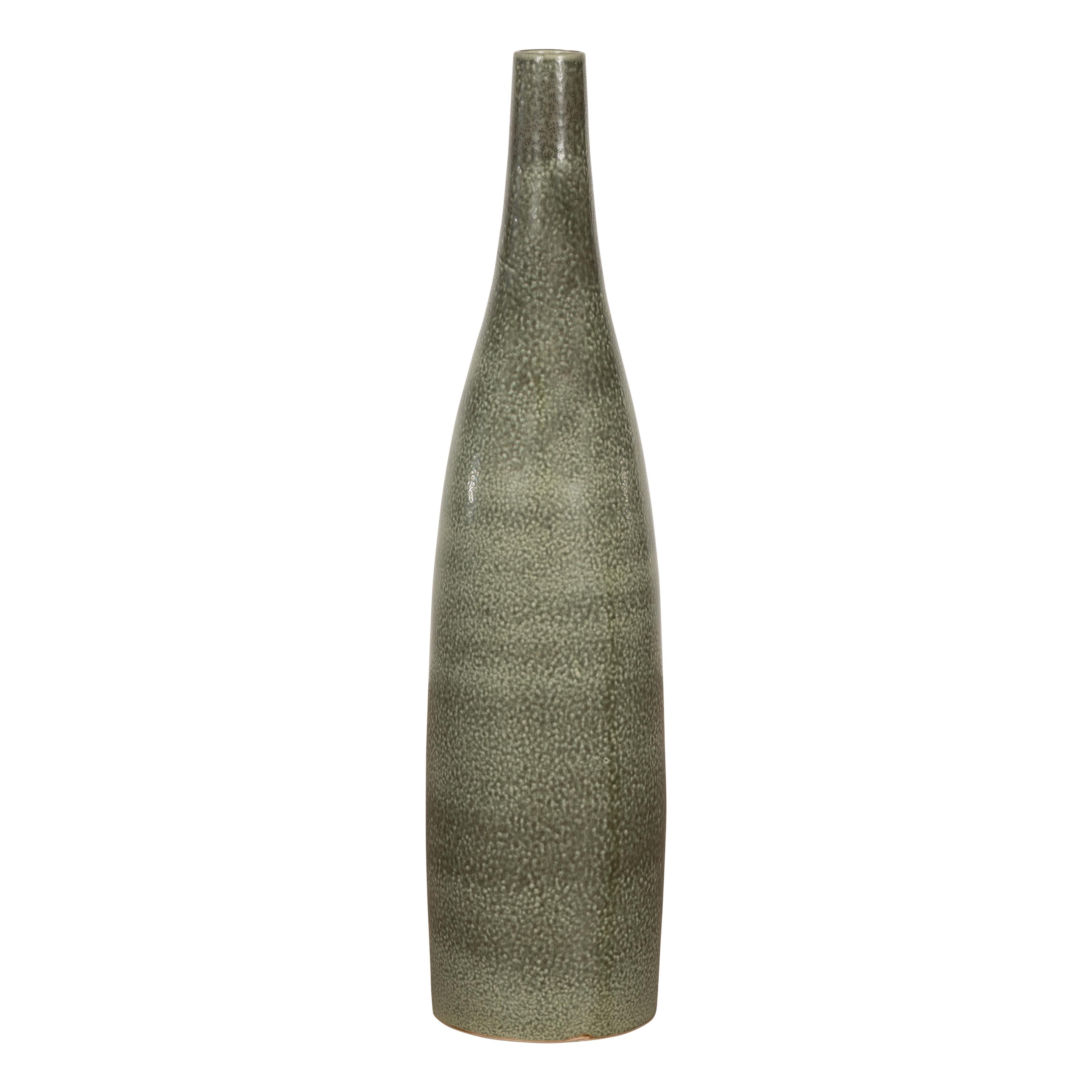 Prem Collection Green Glazed Vase with Green Finish and Blotched Accents For Sale