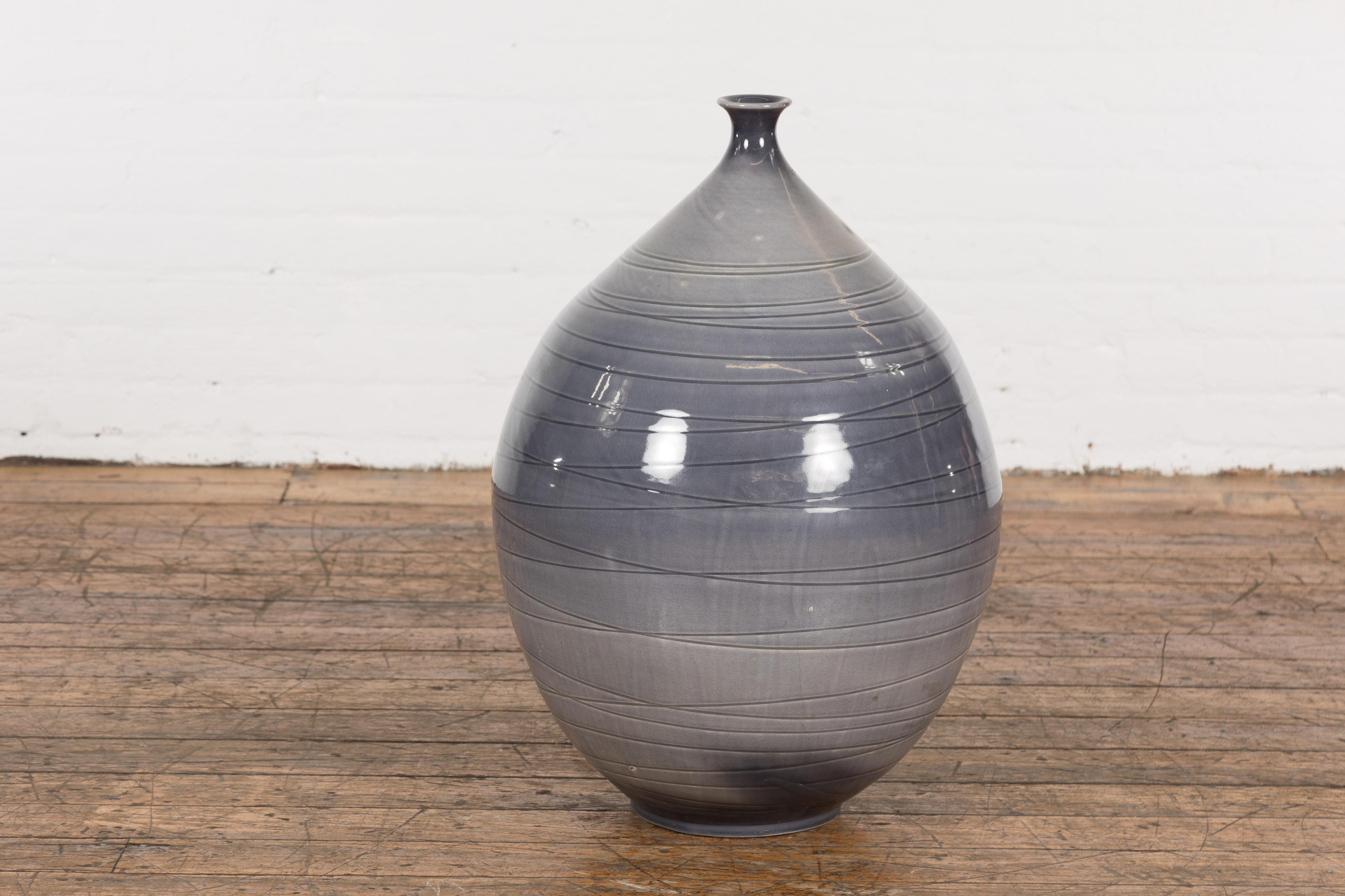 Prem Collection Hand Crafted Artisan Vase with Narrow Mouth and Blue Grey Glaze For Sale 4