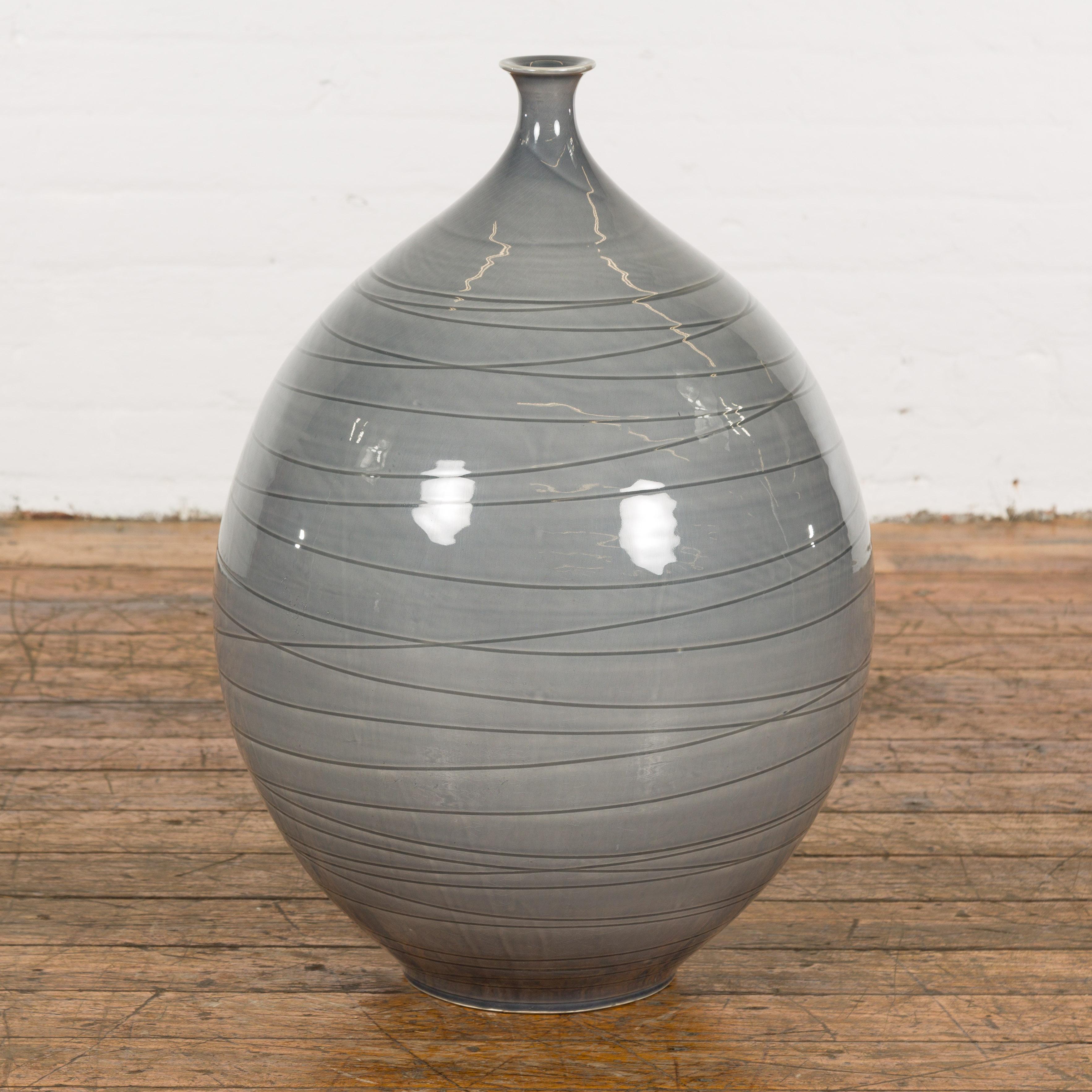 Silver Grey Glazed Ceramic Vase For Sale 8