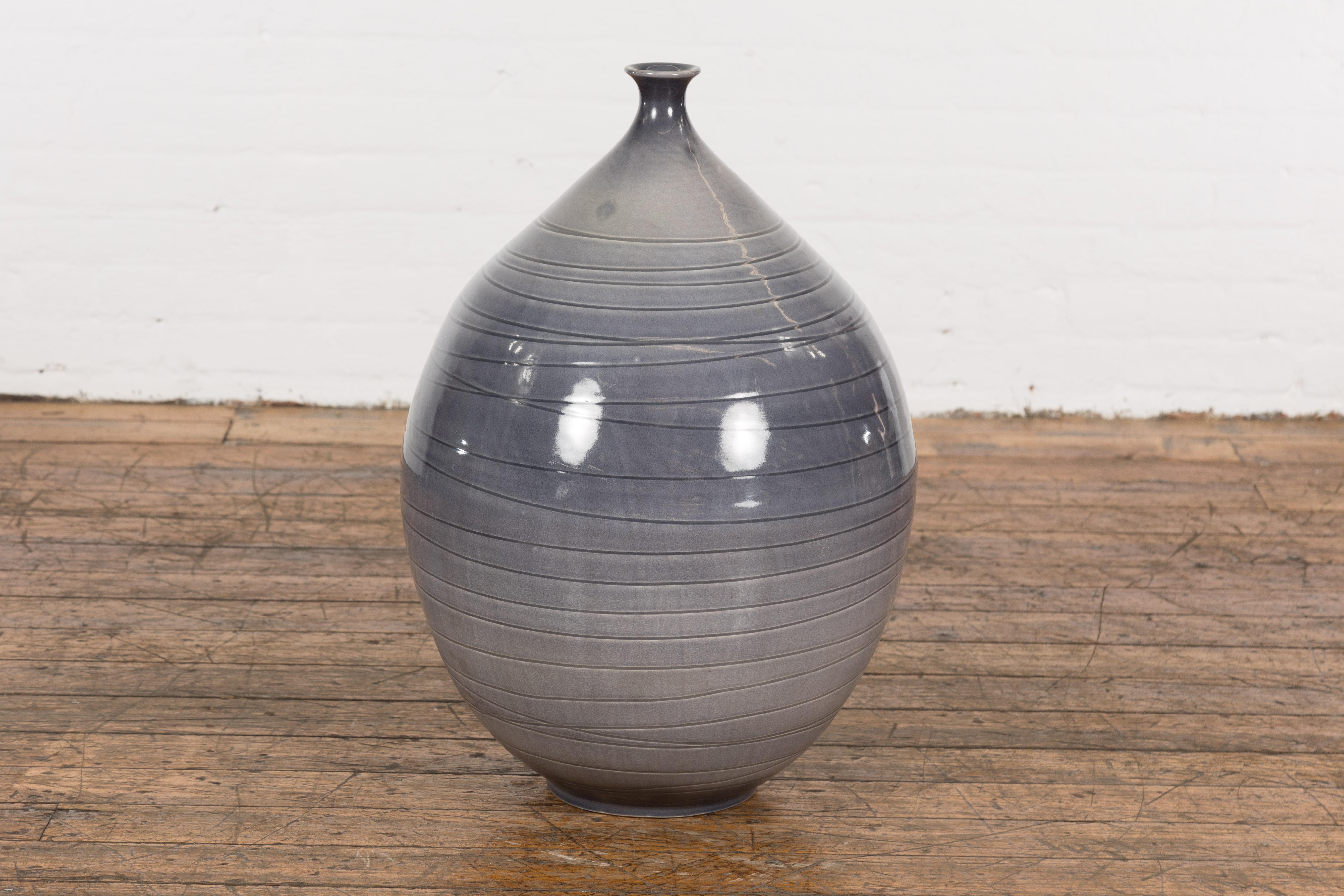 Hand Crafted Artisan Vase with Narrow Mouth and Blue Grey Glaze For Sale 7