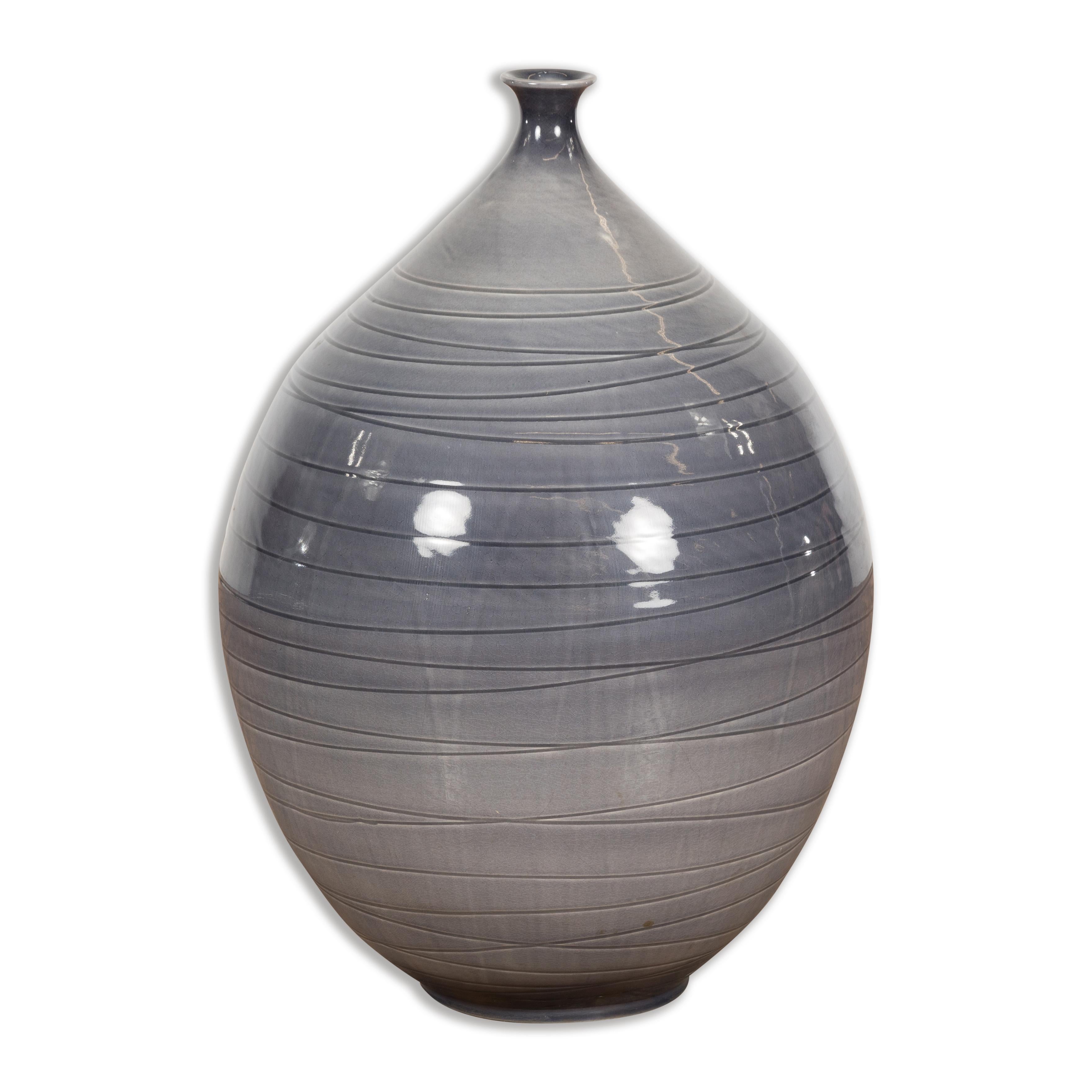 Prem Collection Hand Crafted Artisan Vase with Narrow Mouth and Blue Grey Glaze For Sale 9