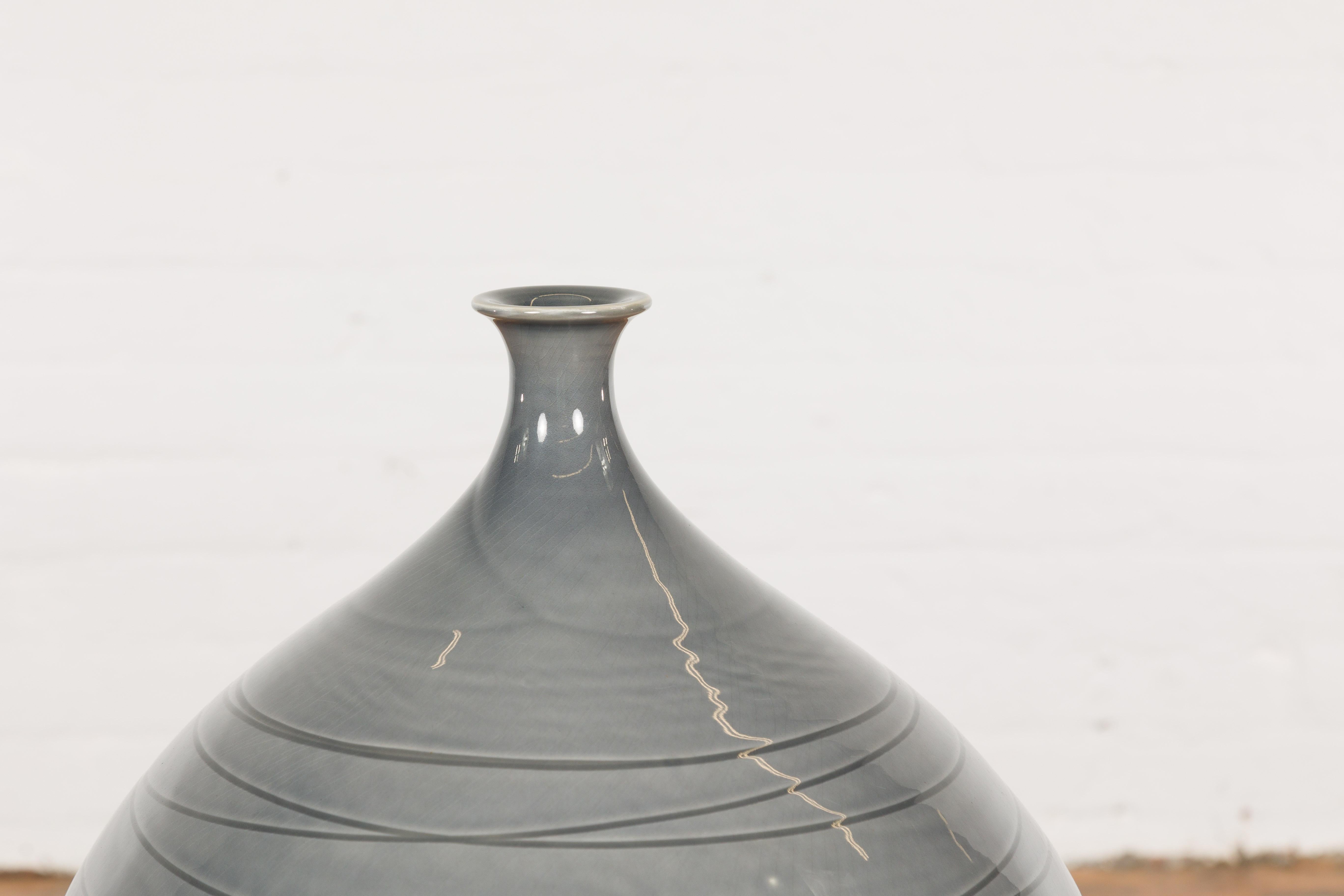 Contemporary Silver Grey Glazed Ceramic Vase For Sale