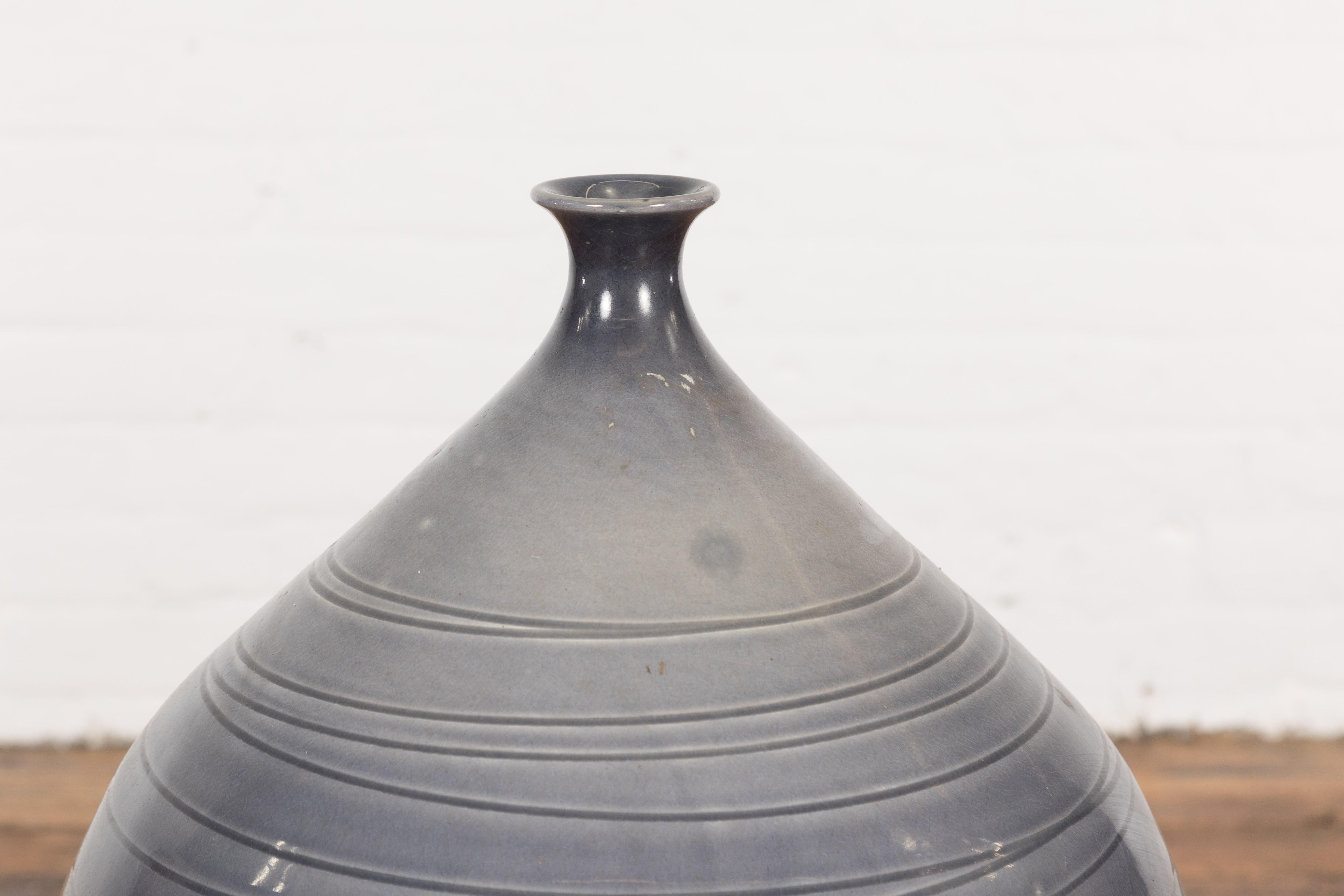 Contemporary Prem Collection Hand Crafted Artisan Vase with Narrow Mouth and Blue Grey Glaze For Sale