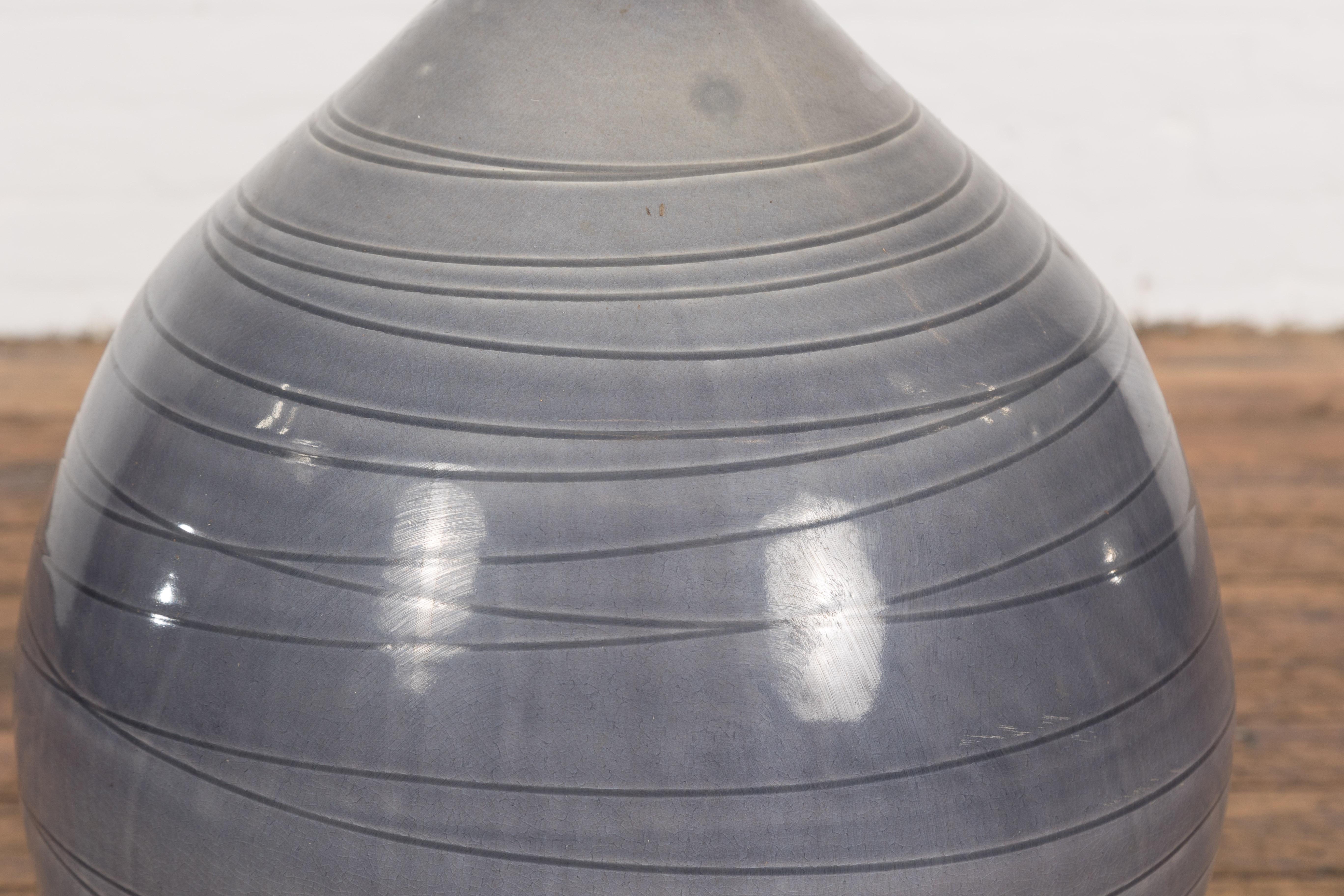 Ceramic Prem Collection Hand Crafted Artisan Vase with Narrow Mouth and Blue Grey Glaze For Sale