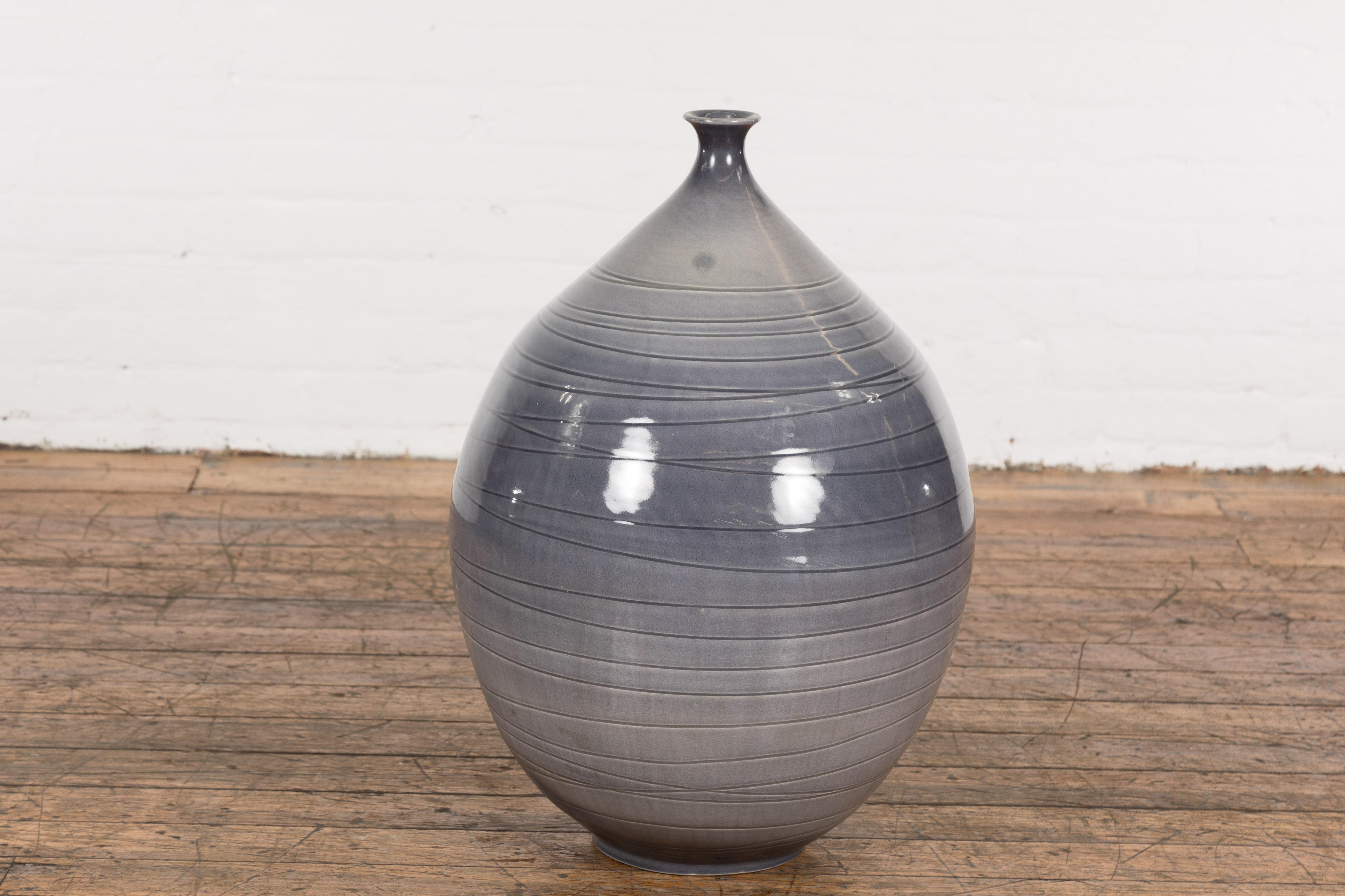 Prem Collection Hand Crafted Artisan Vase with Narrow Mouth and Blue Grey Glaze For Sale 3