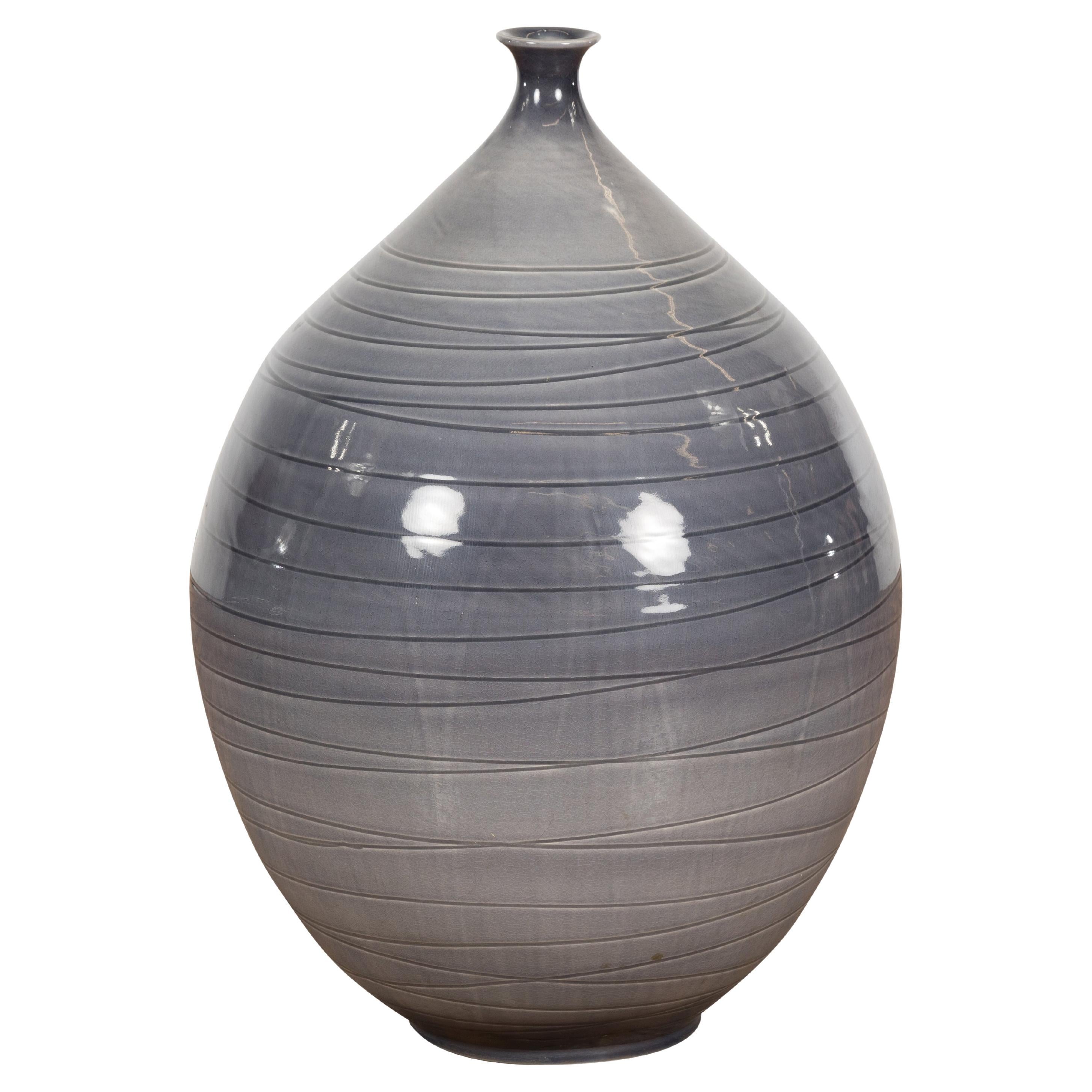 Hand Crafted Artisan Vase with Narrow Mouth and Blue Grey Glaze