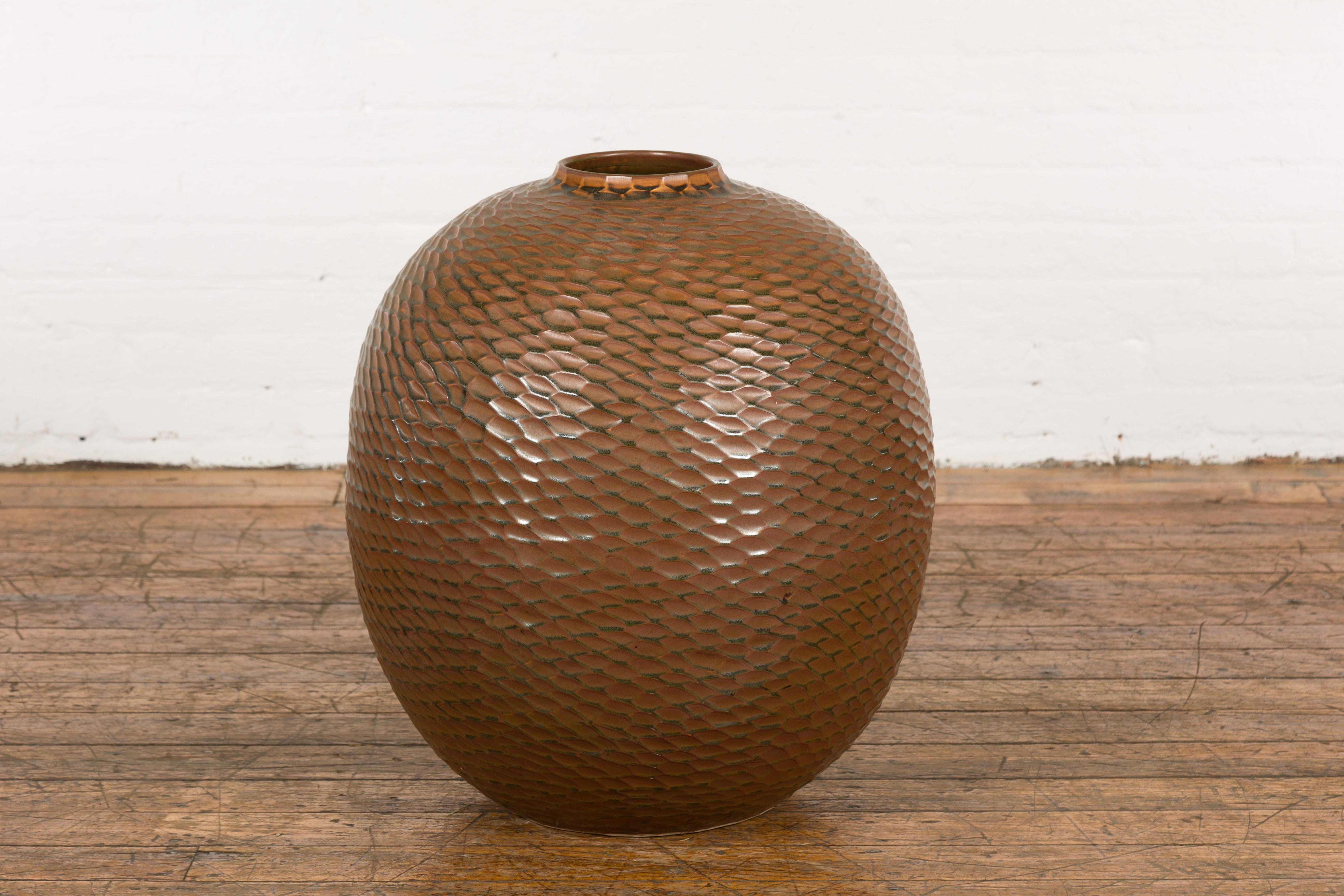 Prem Collection Handcrafted Brown Vase with Textured Honeycomb Style Motifs For Sale 5