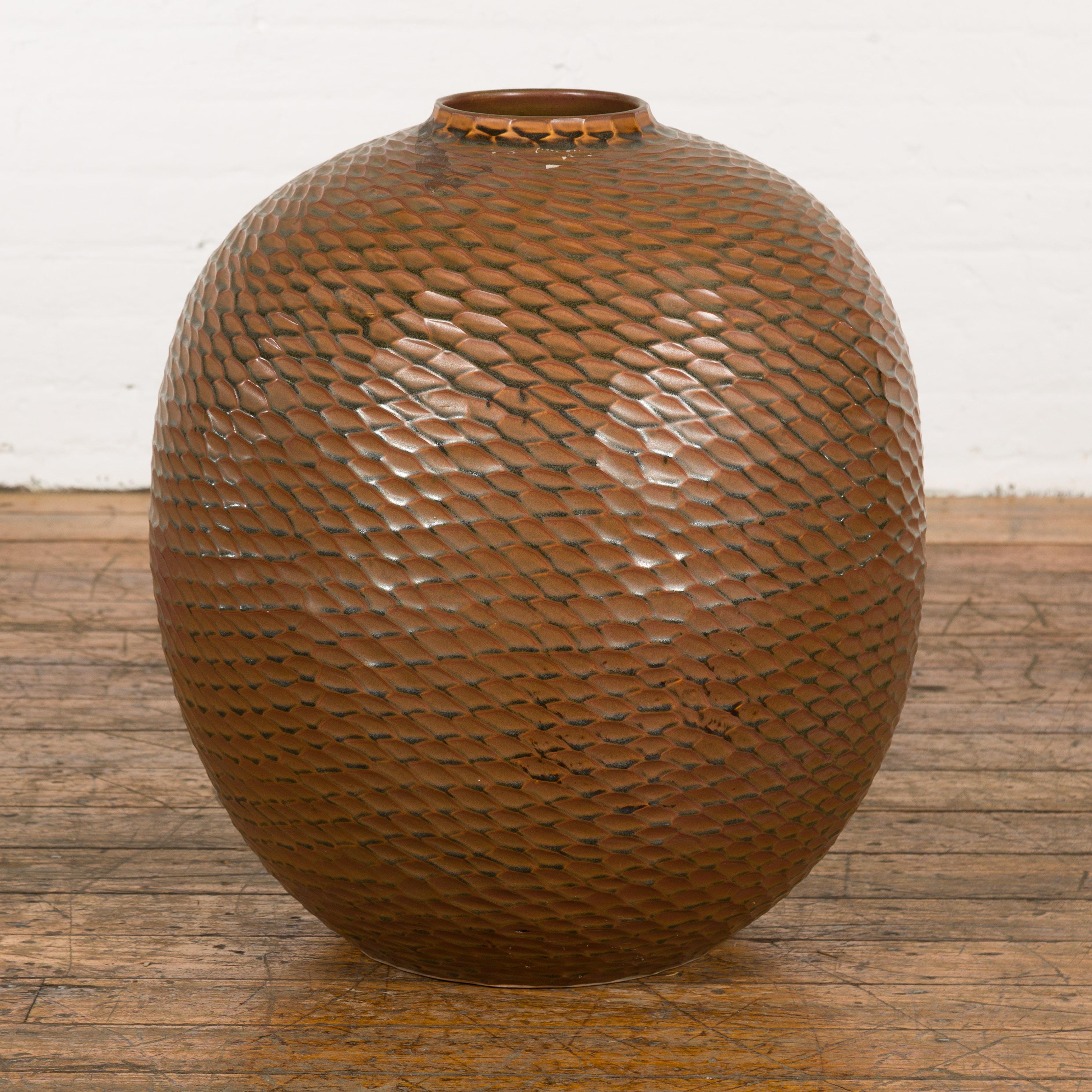 Prem Collection Handcrafted Brown Vase with Textured Honeycomb Style Motifs For Sale 6
