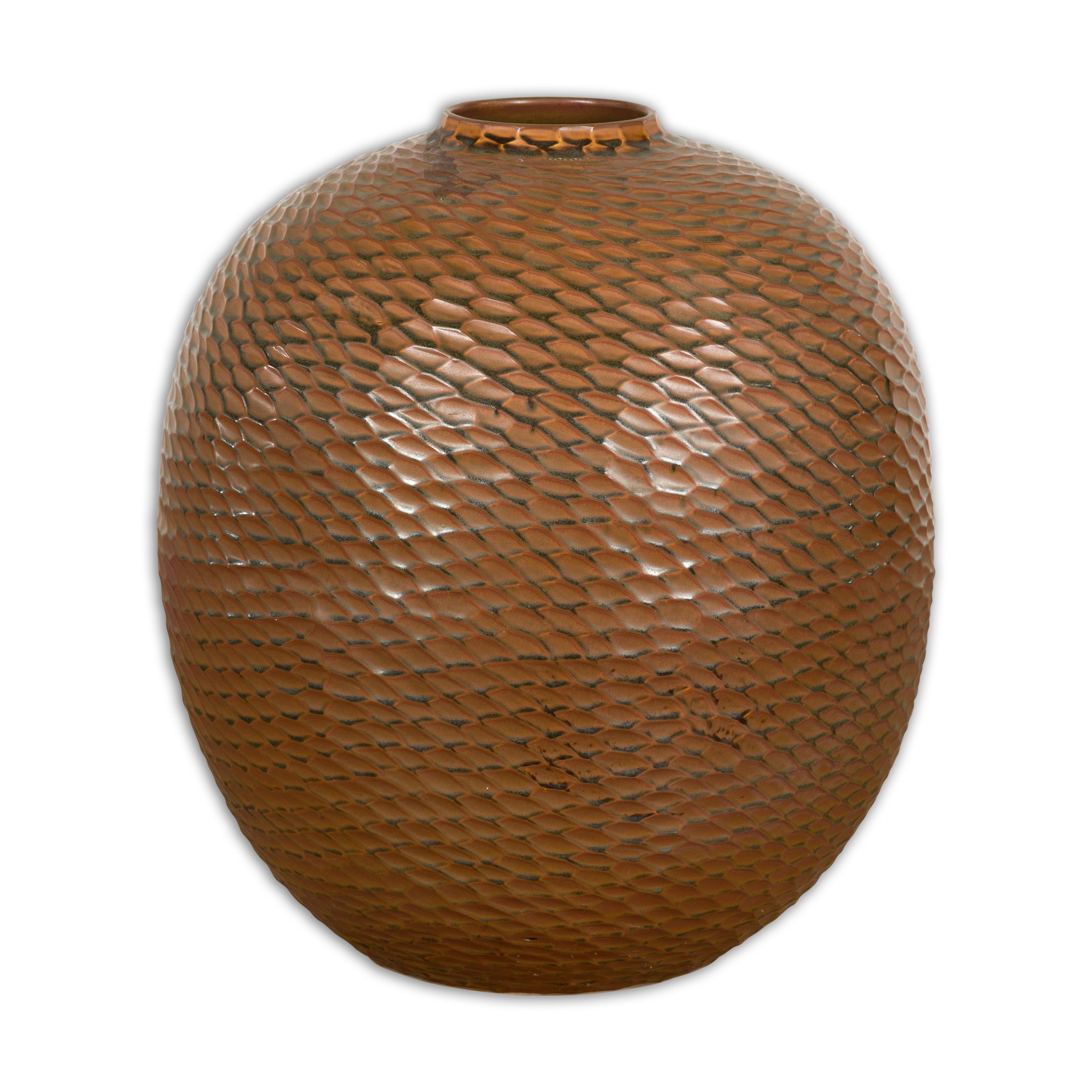 Prem Collection Handcrafted Brown Vase with Textured Honeycomb Style Motifs For Sale 10
