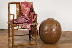 Textured Brown Ceramic Vase with Honeycomb Motifs and Rounded Form