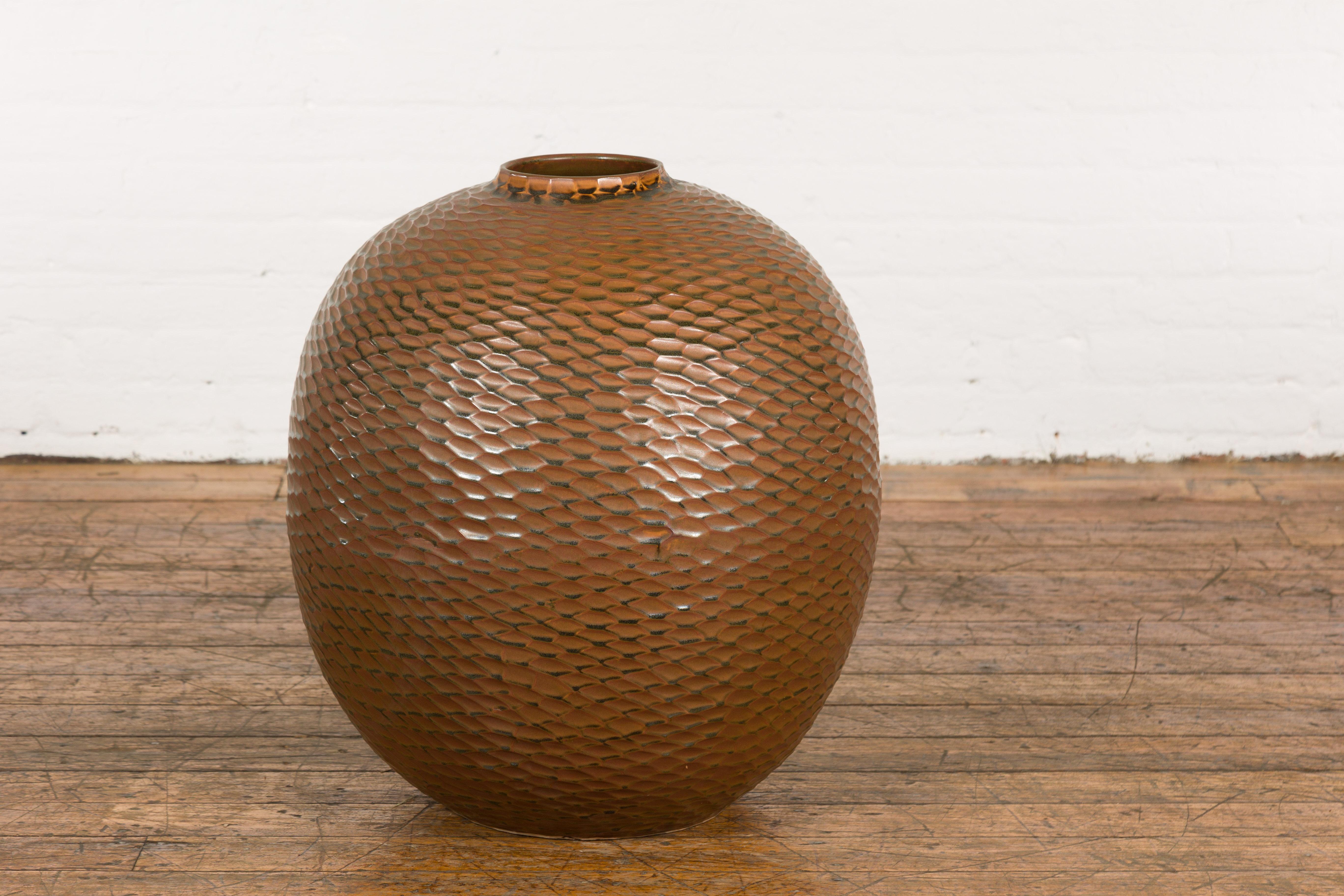 Glazed Prem Collection Handcrafted Brown Vase with Textured Honeycomb Style Motifs For Sale