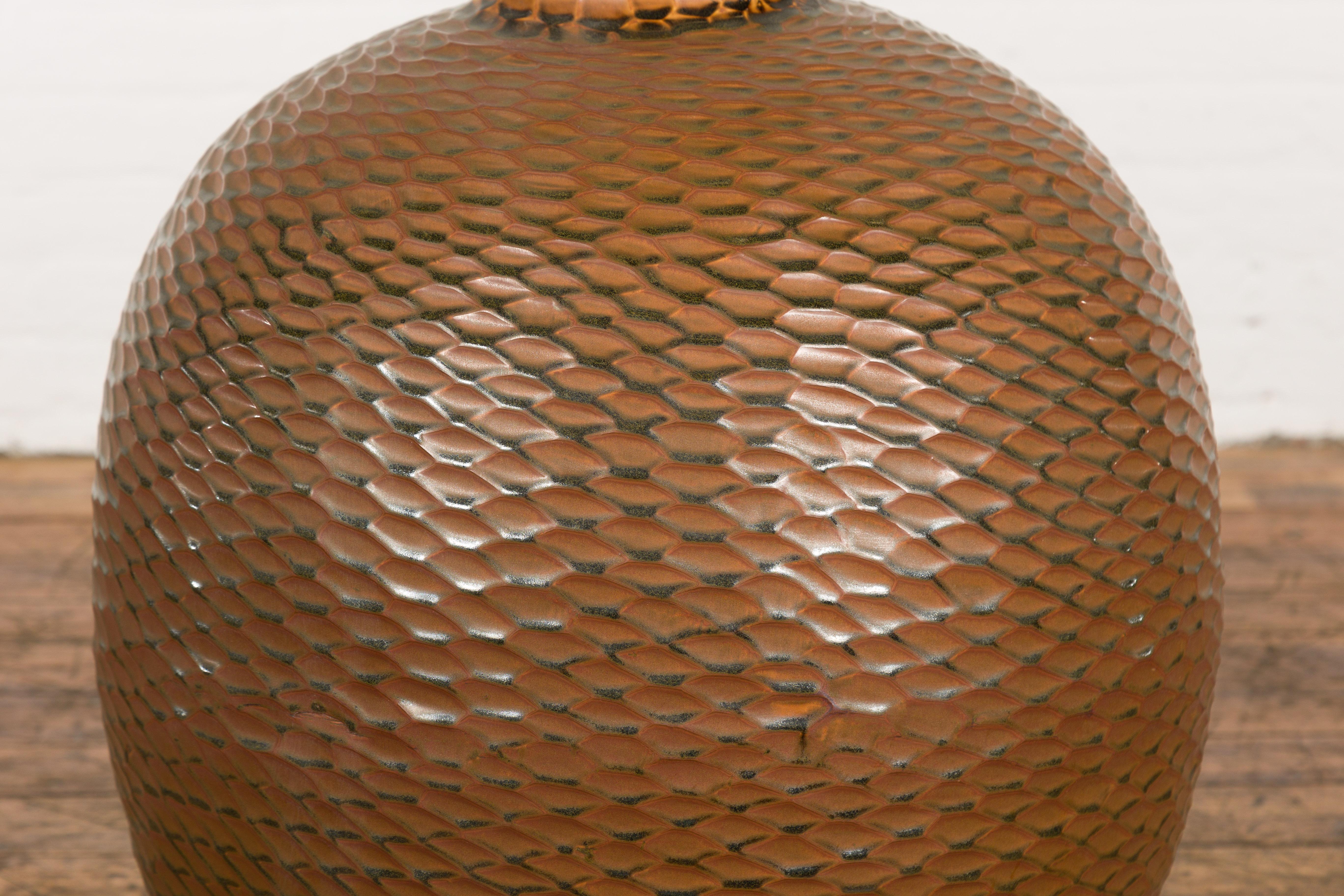 Contemporary Prem Collection Handcrafted Brown Vase with Textured Honeycomb Style Motifs For Sale