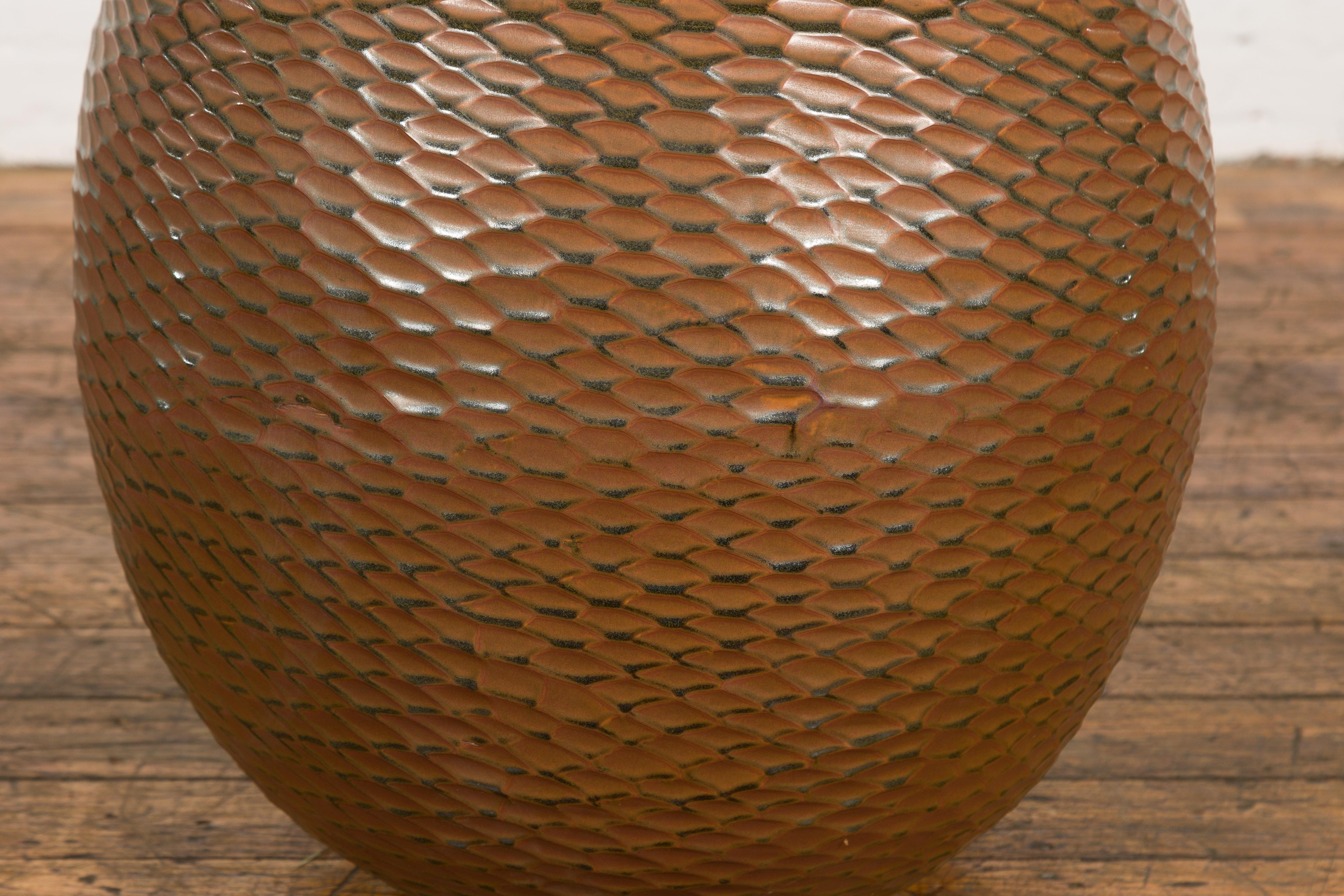 Ceramic Prem Collection Handcrafted Brown Vase with Textured Honeycomb Style Motifs For Sale