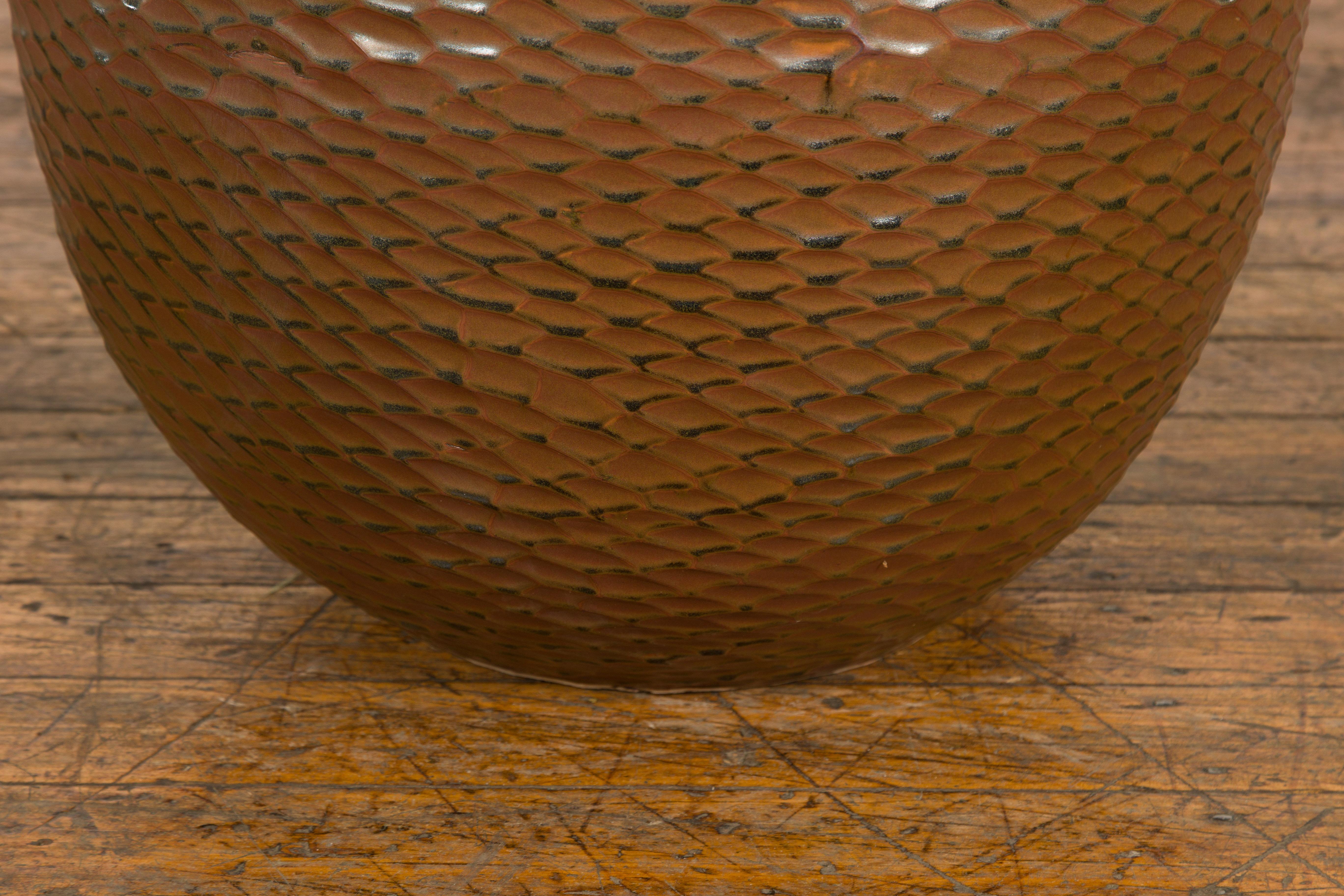 Textured Brown Ceramic Vase with Honeycomb Motifs and Rounded Form For Sale 2